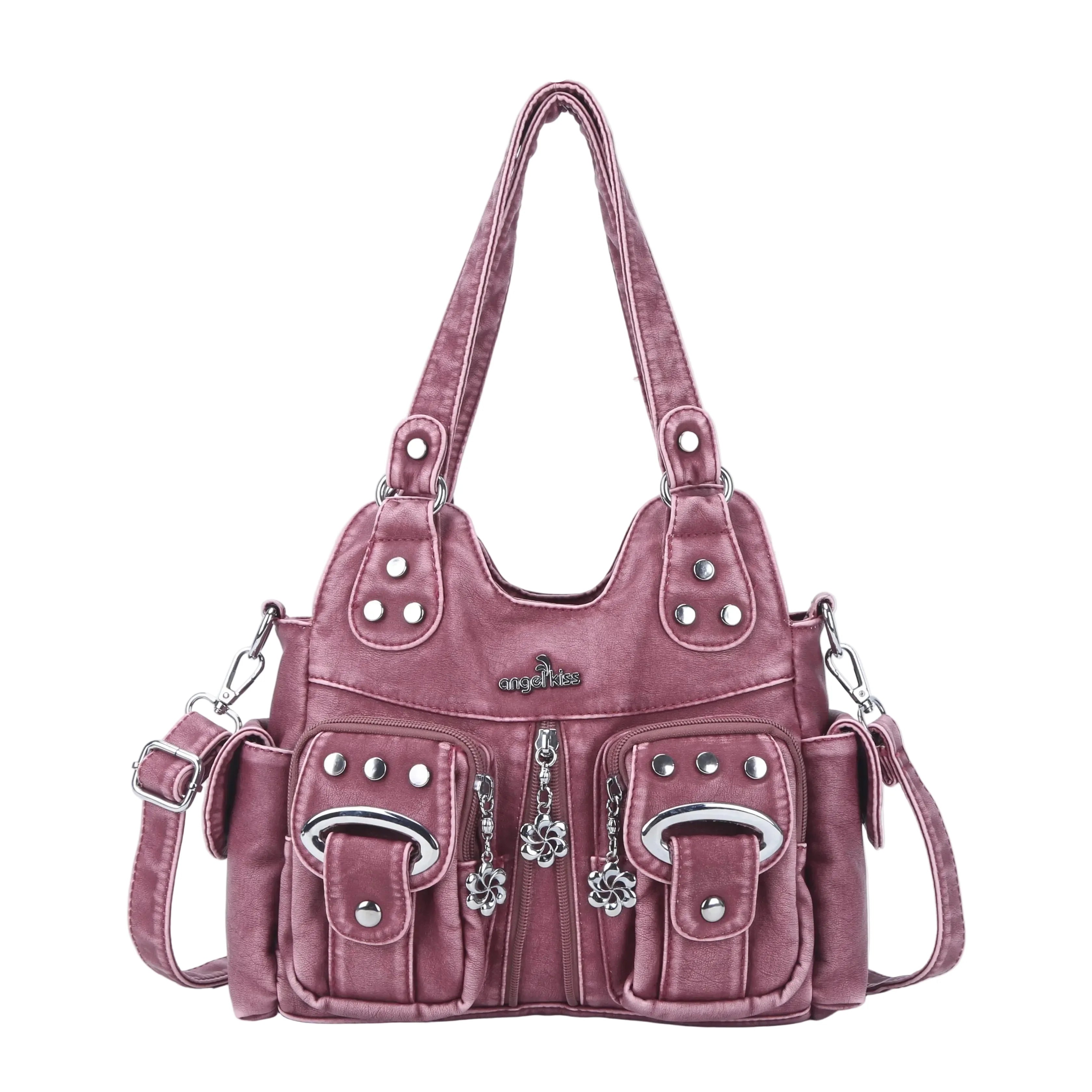 Vintage Multi-Pocket Shoulder Bag - Washed Texture with Studs & Charms