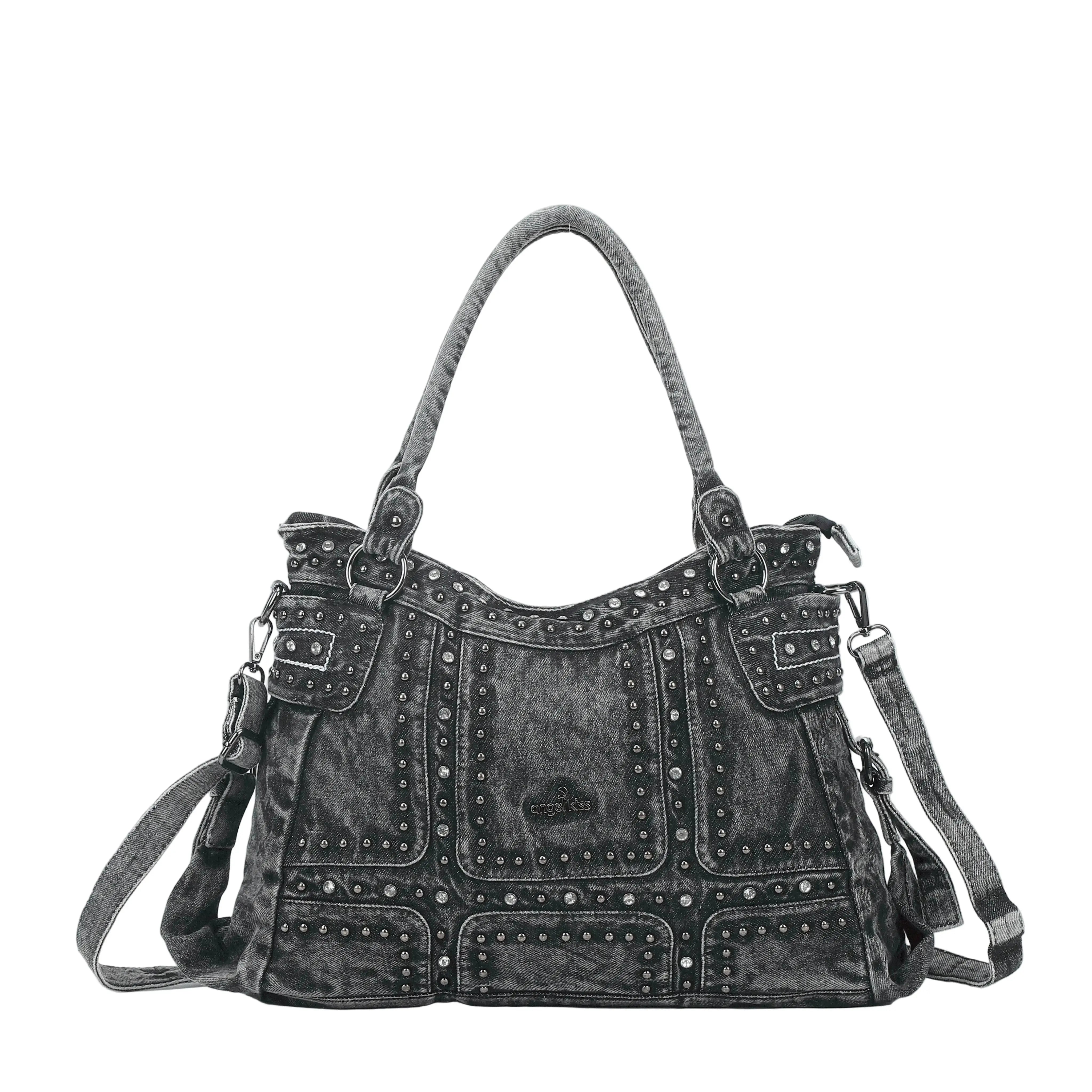 Large Washed Denim Studded Shoulder Crossbody Bag