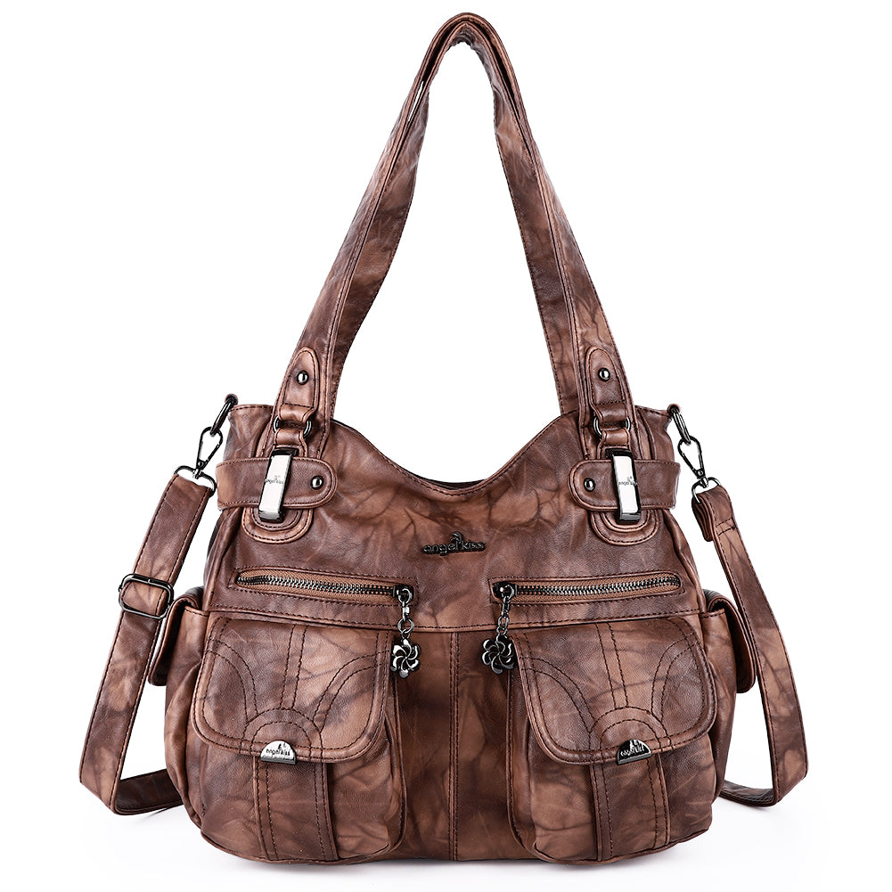 Tie-Dye Washed Vegan Leather Multi-Pocket Hobo Bag