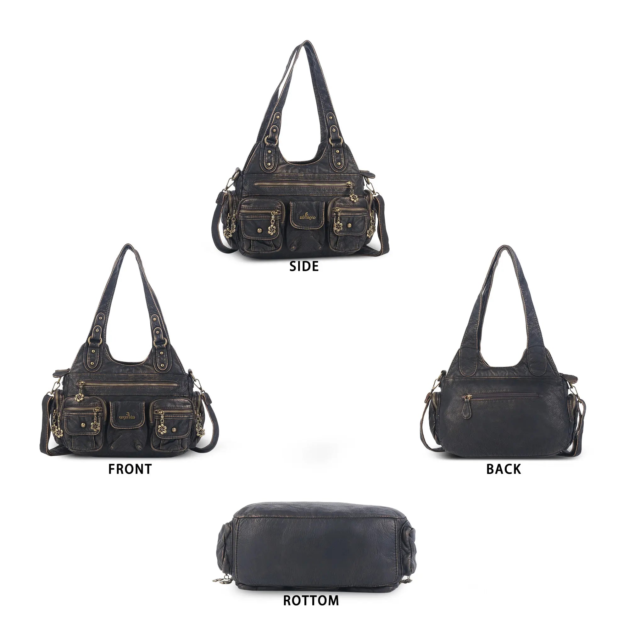 Vintage Bronze PU Leather Handbag – Multi-Pocket Shoulder Tote & Crossbody Bag