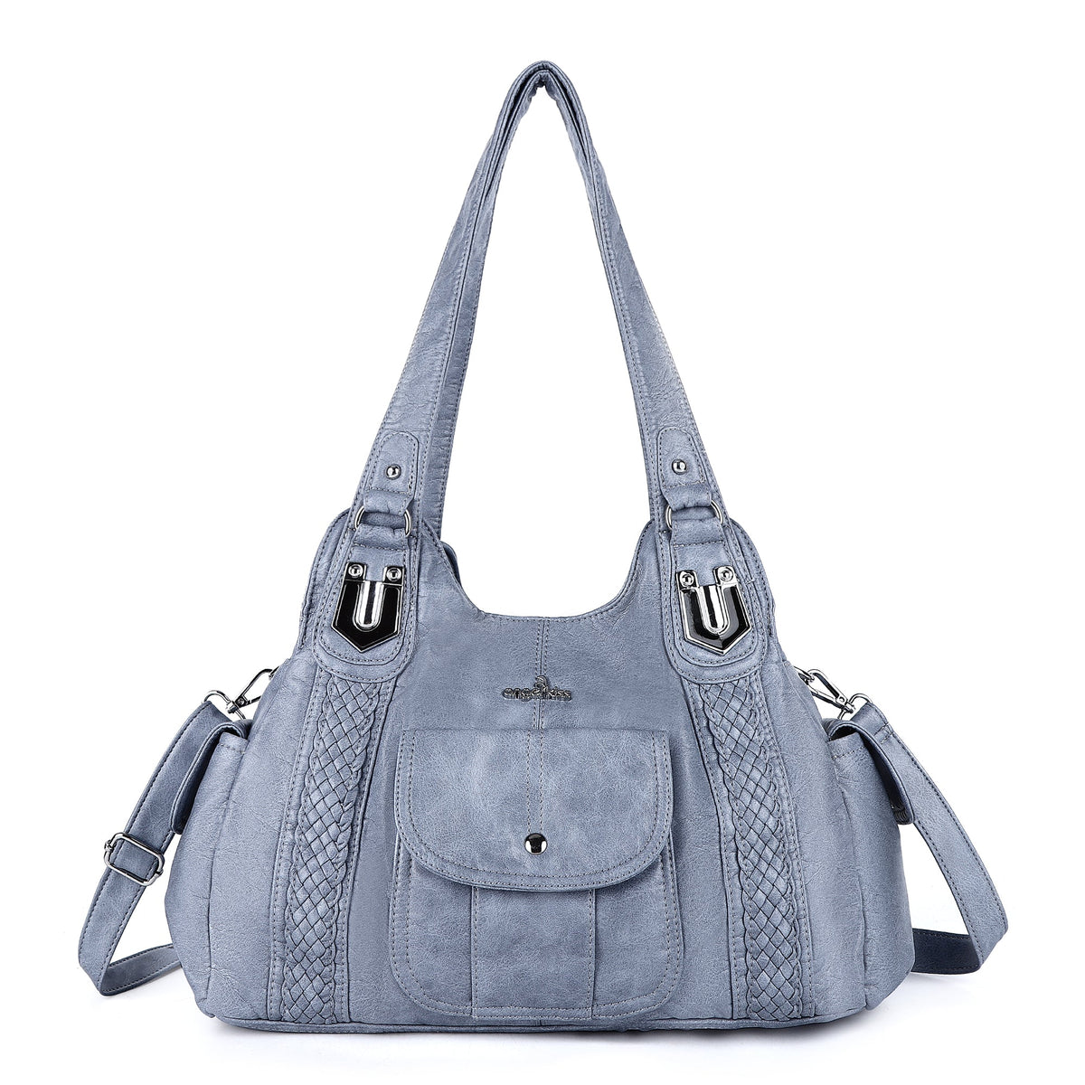 Woven Trim Washed Vegan Leather Hobo Bag