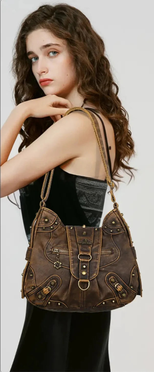 Vintage Studded Curved Hobo Crossbody Bag