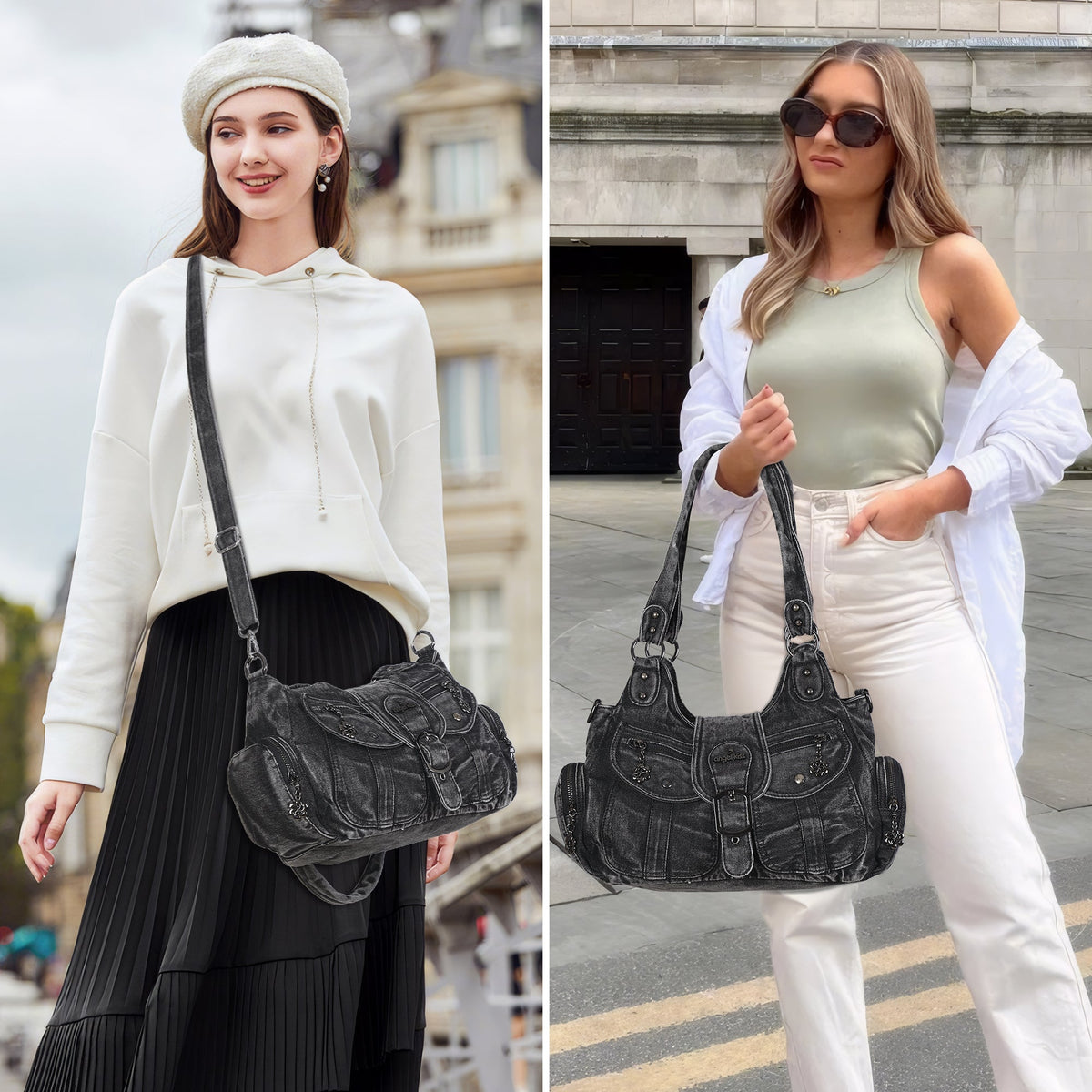 Black Washed Denim Multi-Pocket Hobo Shoulder Bag for Women