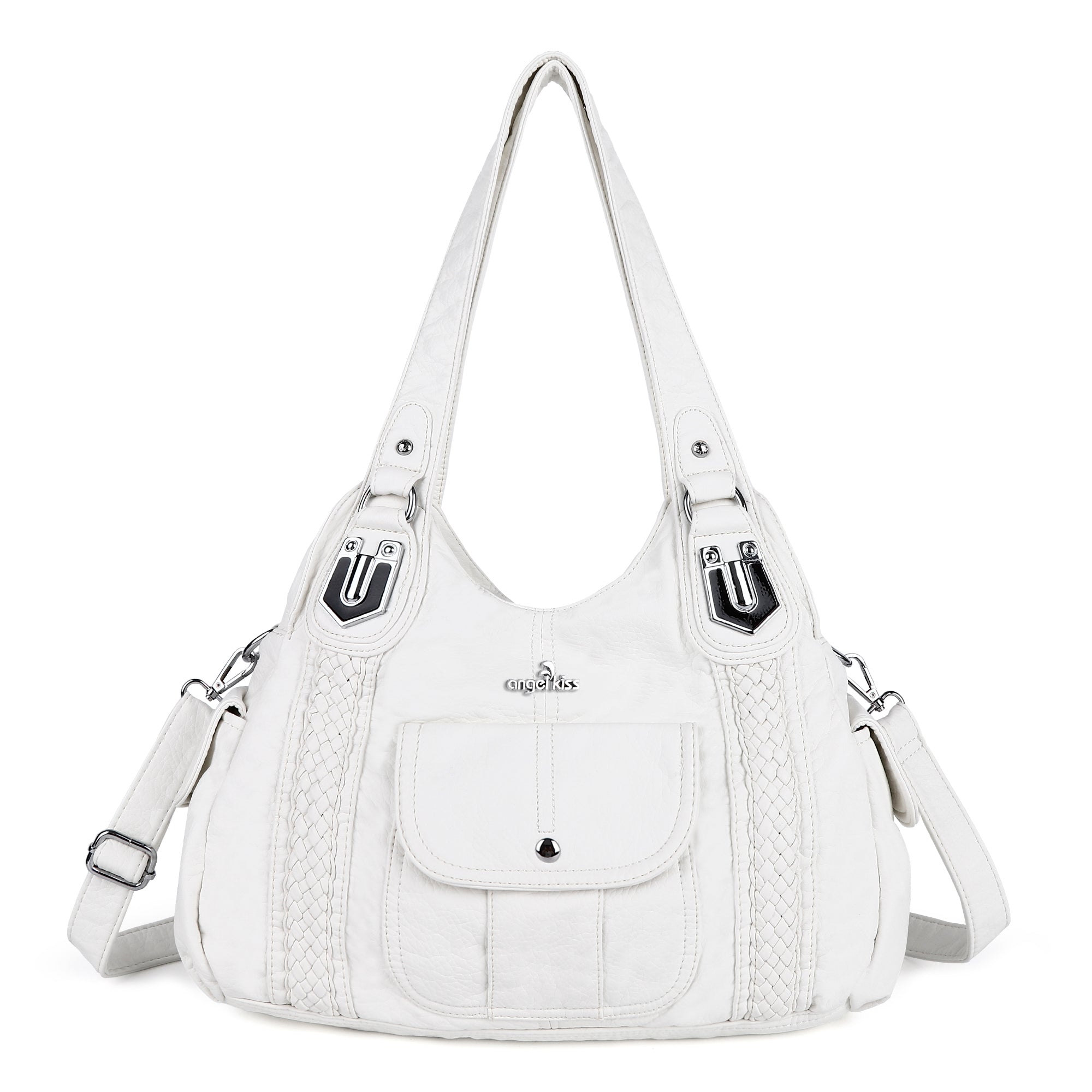 Woven Trim Washed Vegan Leather Hobo Bag