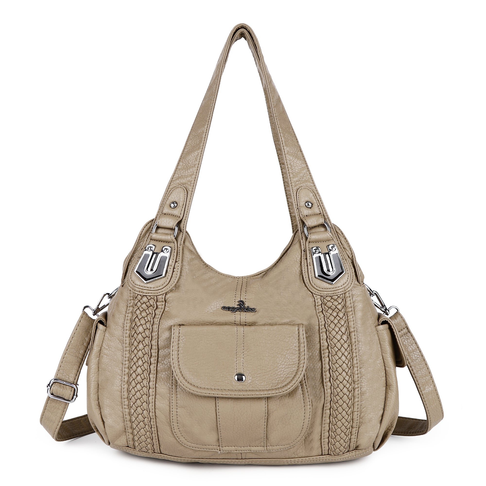 Woven Trim Washed Vegan Leather Hobo Bag