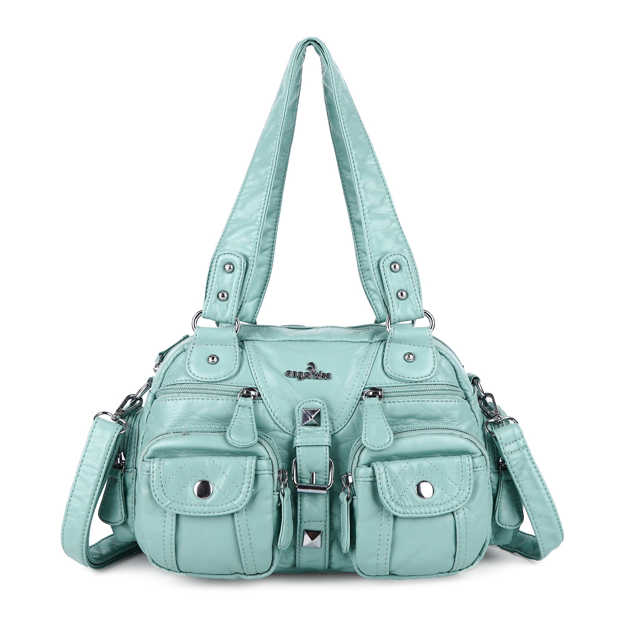 Studded Multi-Pocket Shoulder Bag with Buckle Accents