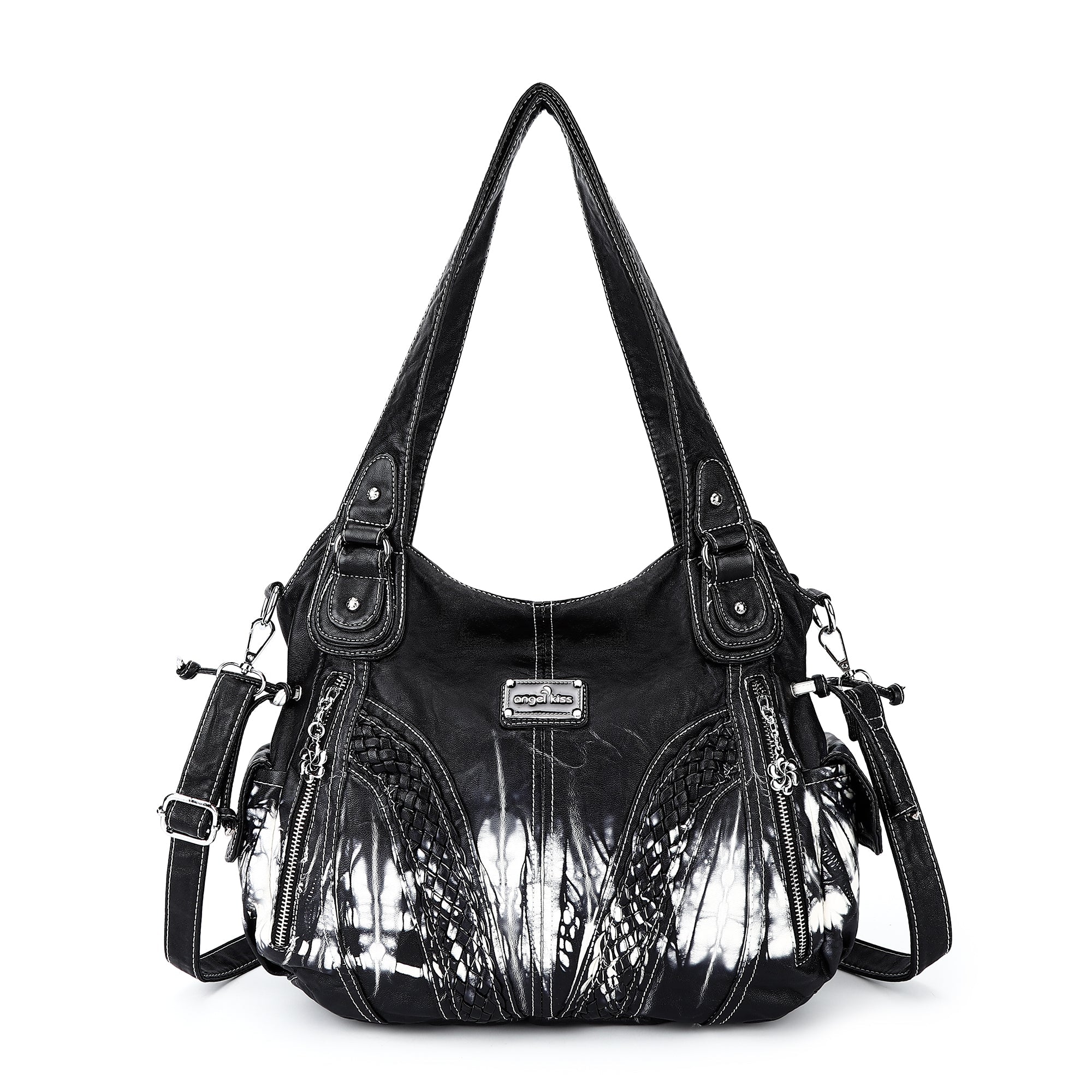 Washed Vegan Leather Braided Multi-Pocket Shoulder Bag