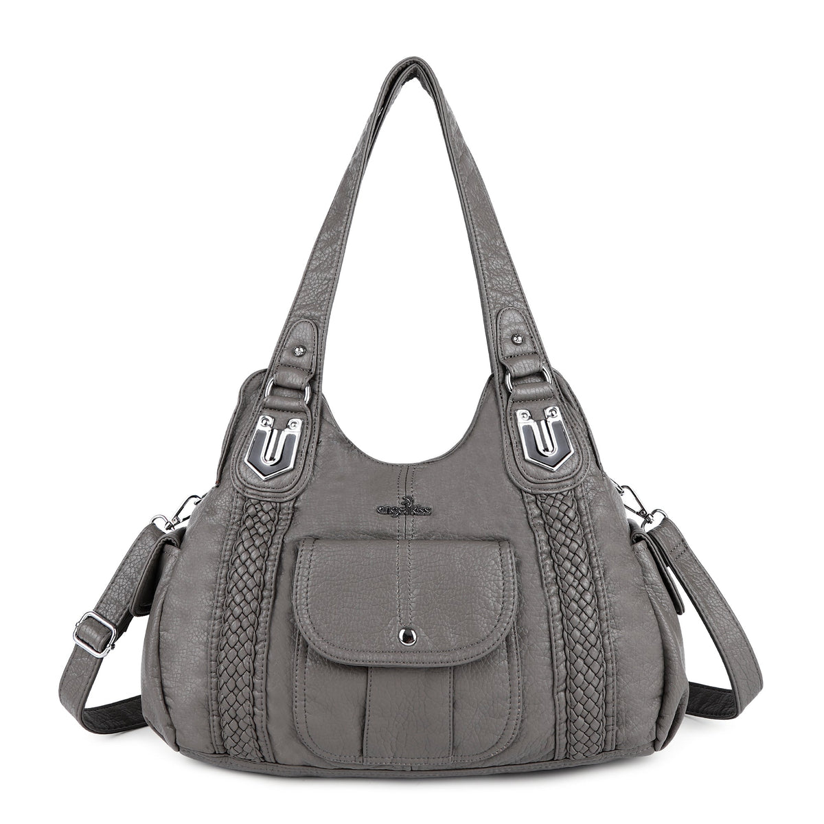 Woven Trim Washed Vegan Leather Hobo Bag