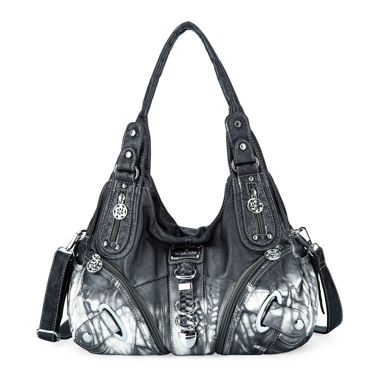 Vintage Large Capacity Multi-Pocket Hobo Shoulder Bag with Rivet Details