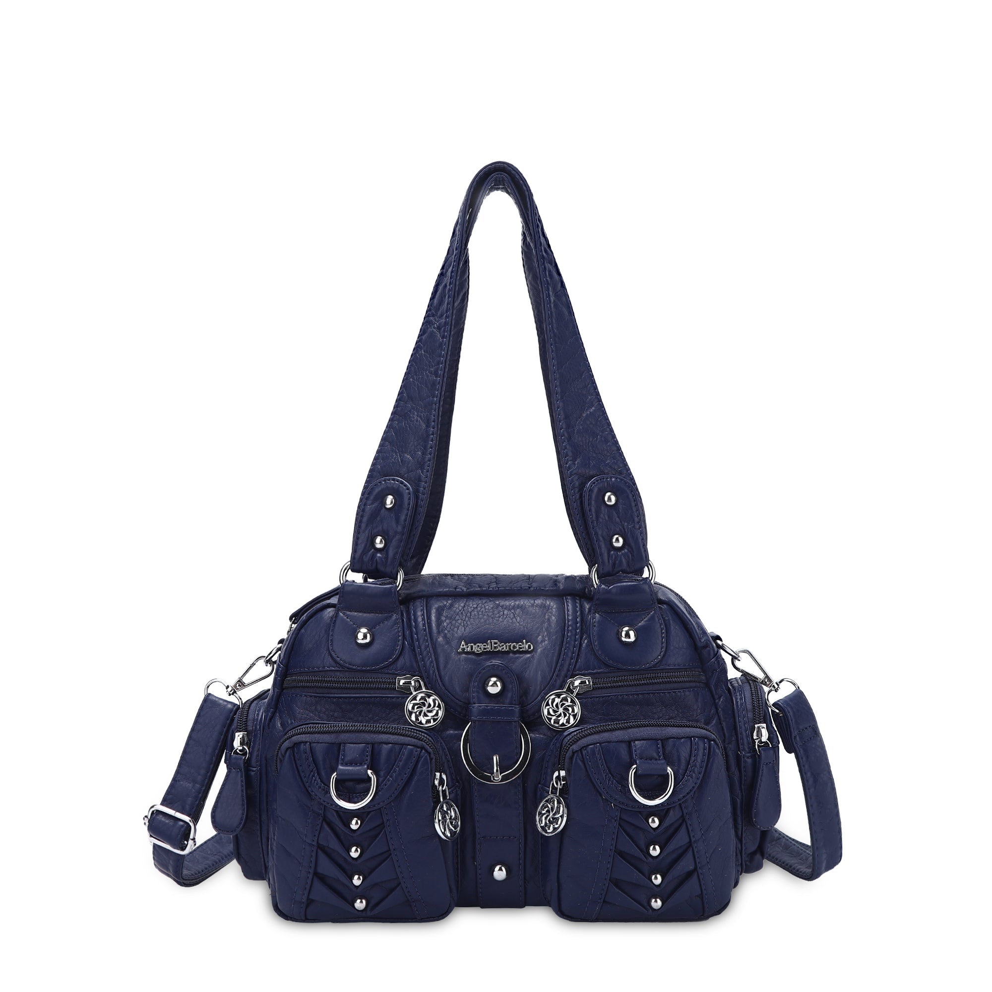 Studded Ring-Detail Multi-Pocket Shoulder Bag