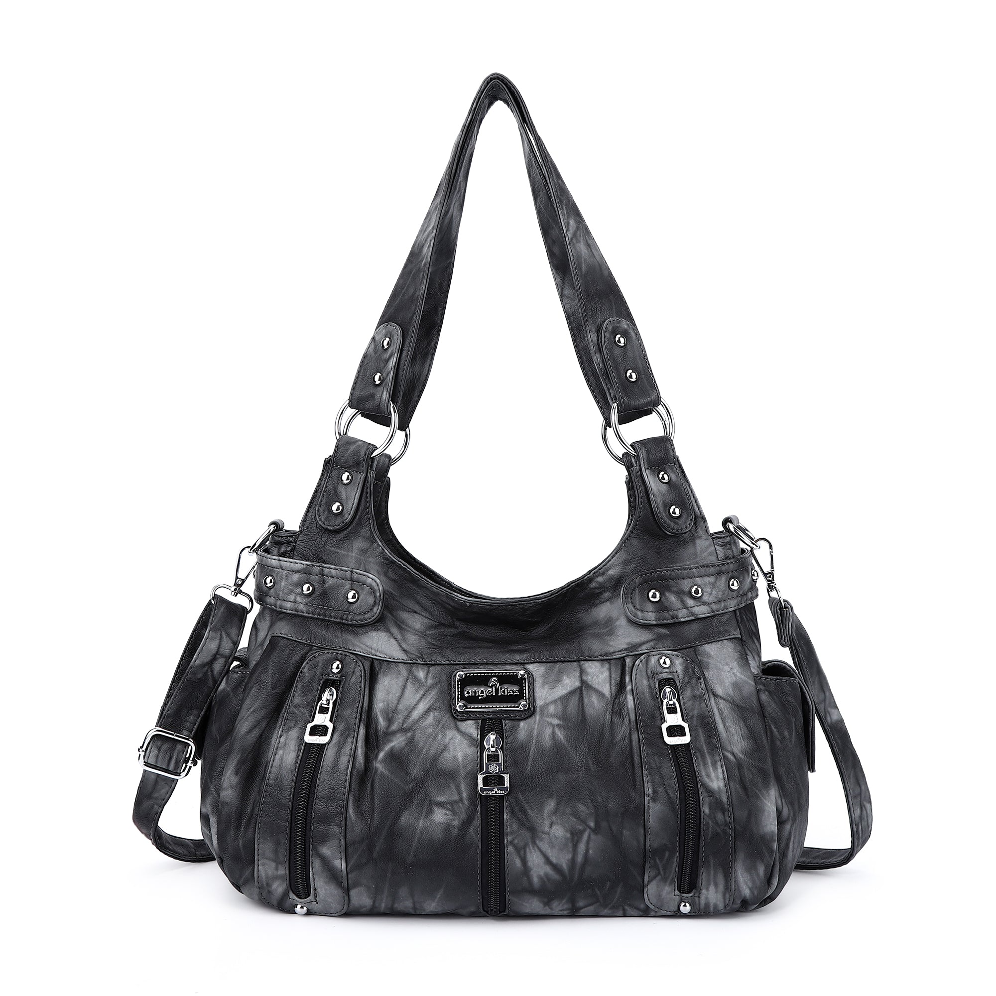 Washed Multi-Zip Hobo Shoulder Bag