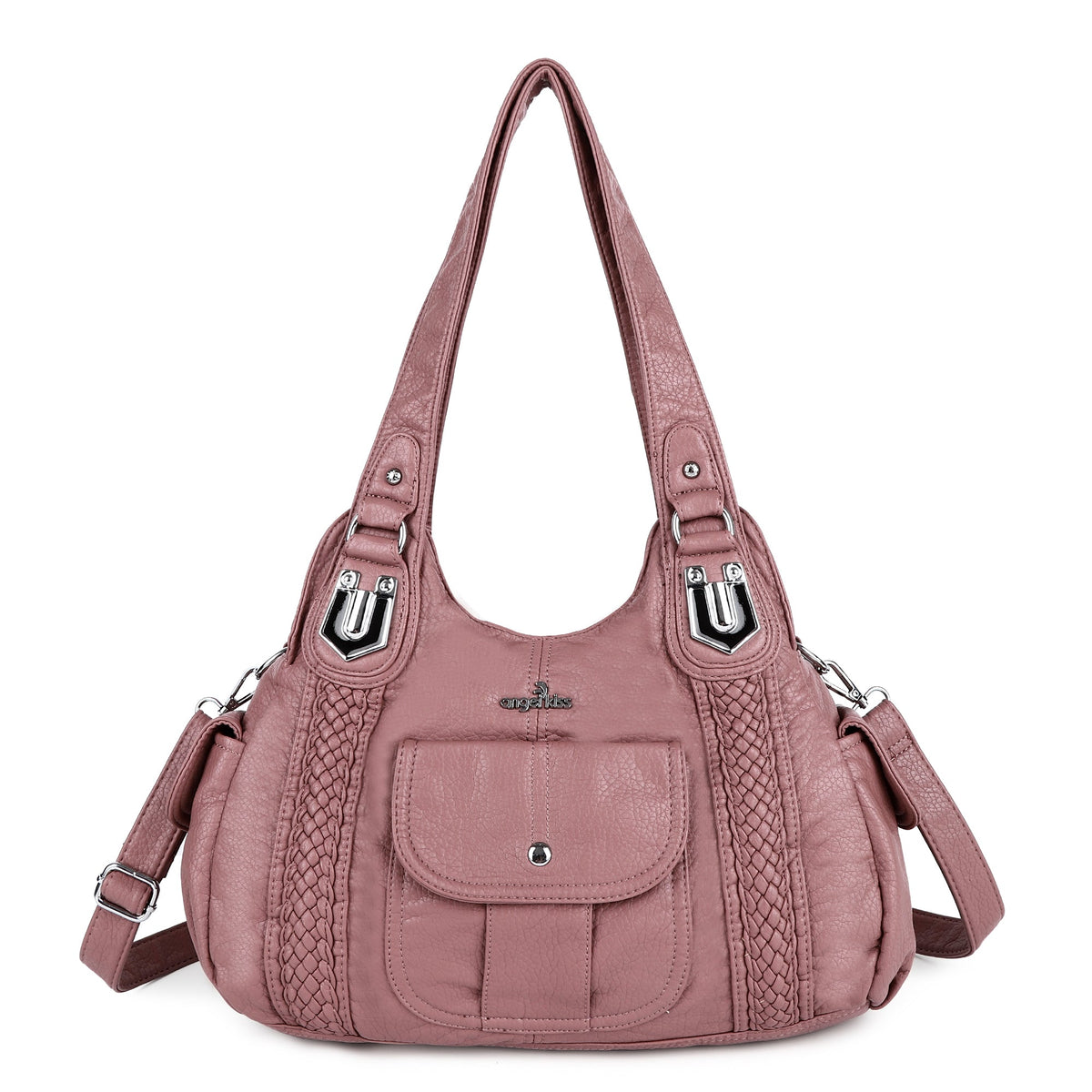 Woven Trim Washed Vegan Leather Hobo Bag