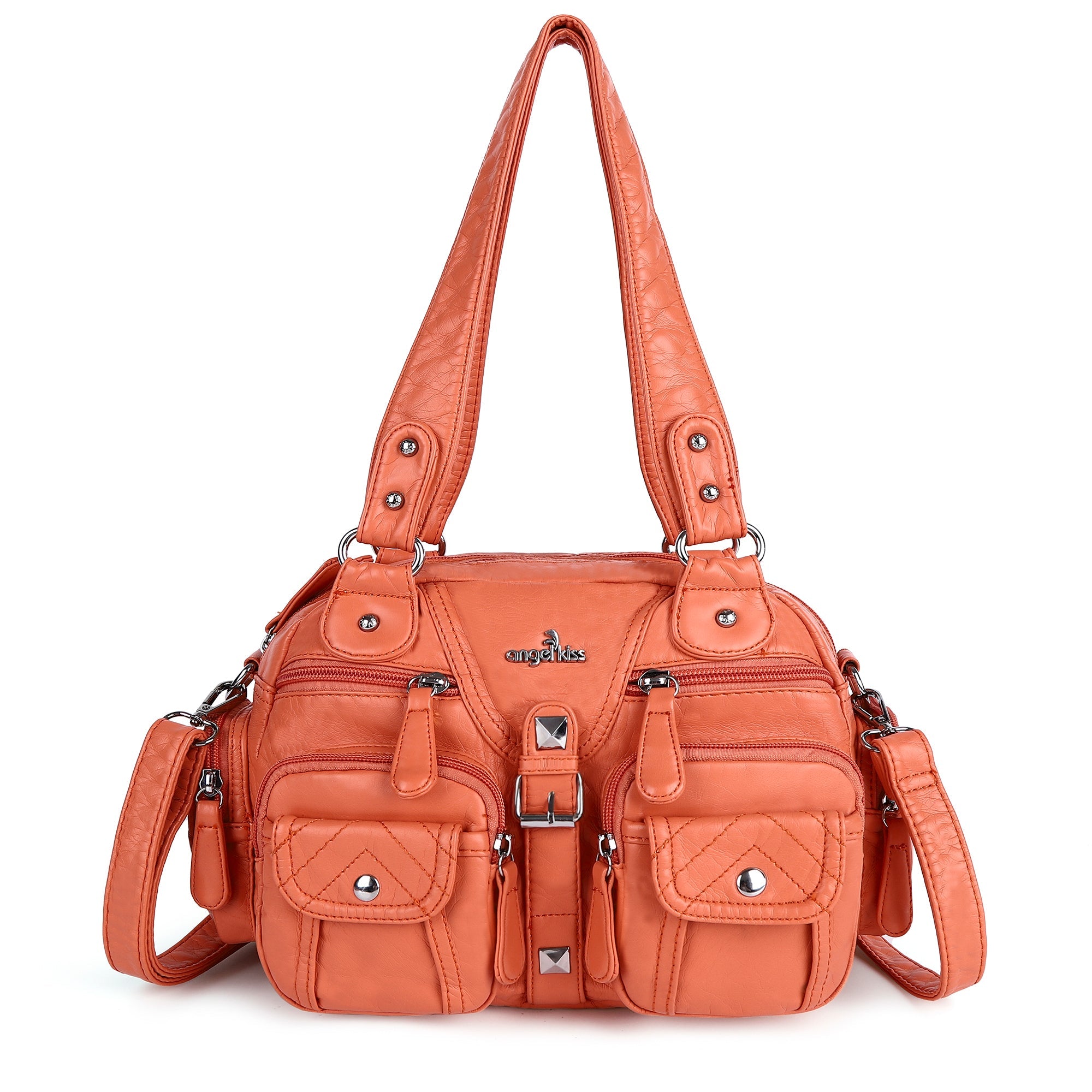 Studded Multi-Pocket Shoulder Bag with Buckle Accents