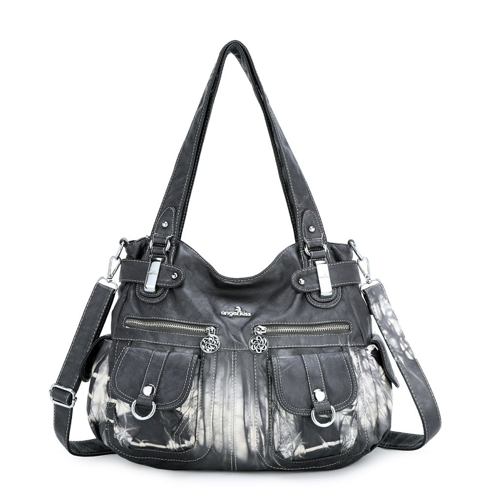Tie-Dye Washed Vegan Leather Multi-Pocket Hobo Bag