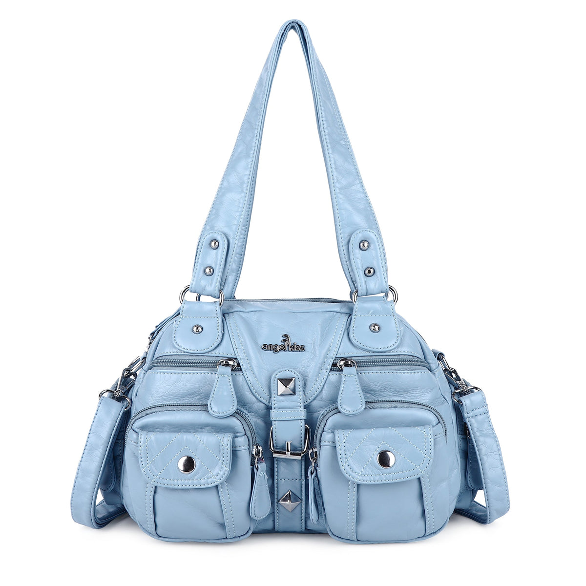 Studded Multi-Pocket Shoulder Bag with Buckle Accents
