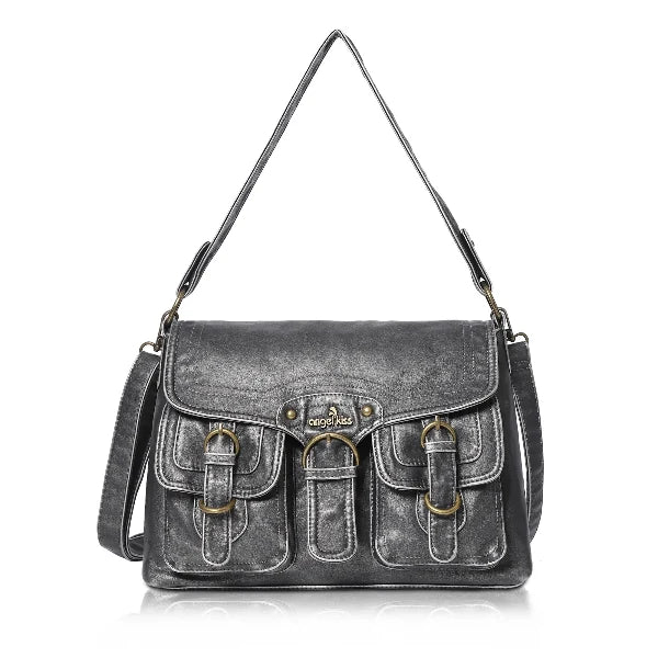 Vintage Washed Flap Shoulder Bag with Front Pockets