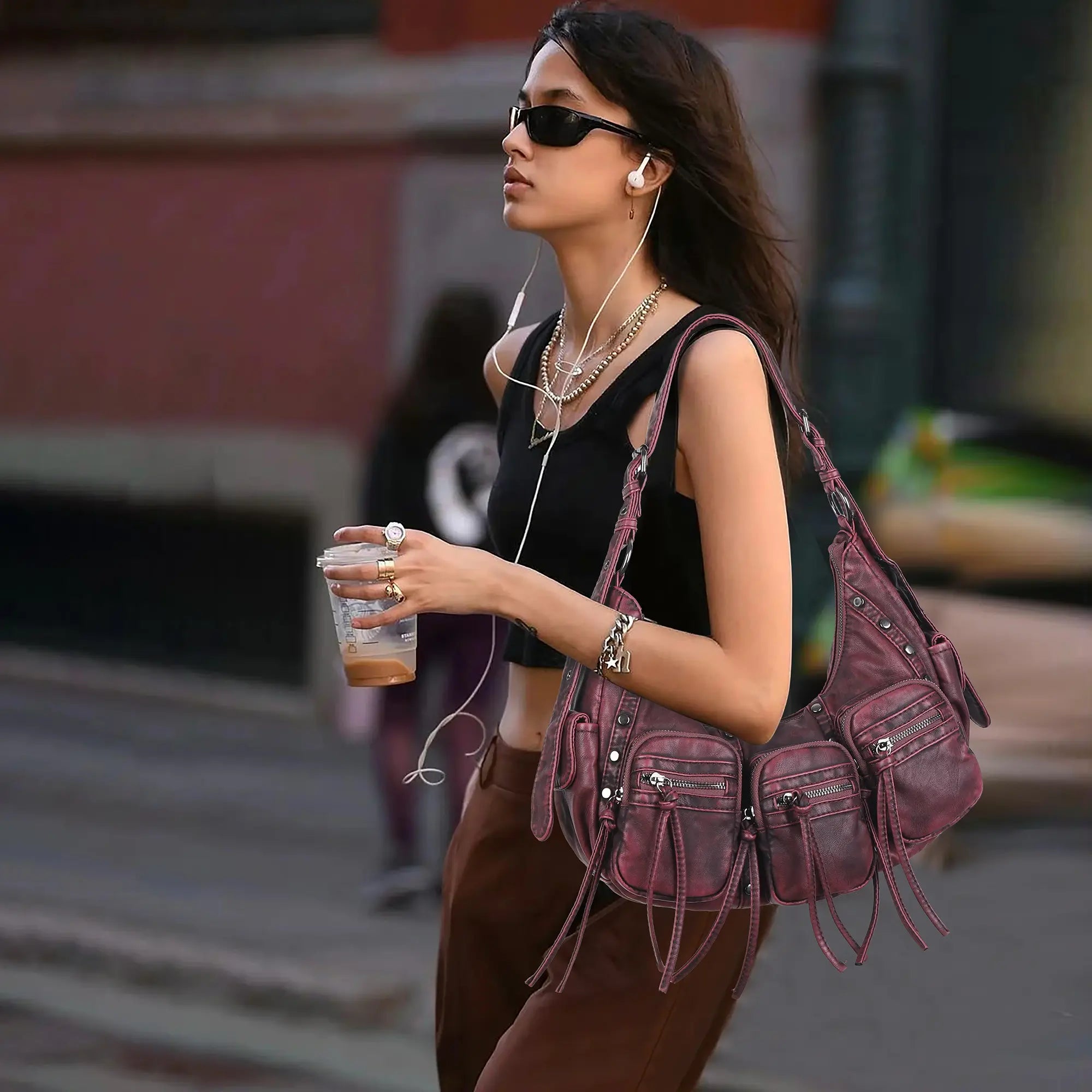 Multi-Pocket Crescent Shoulder Bag with Tassel Zipper Details