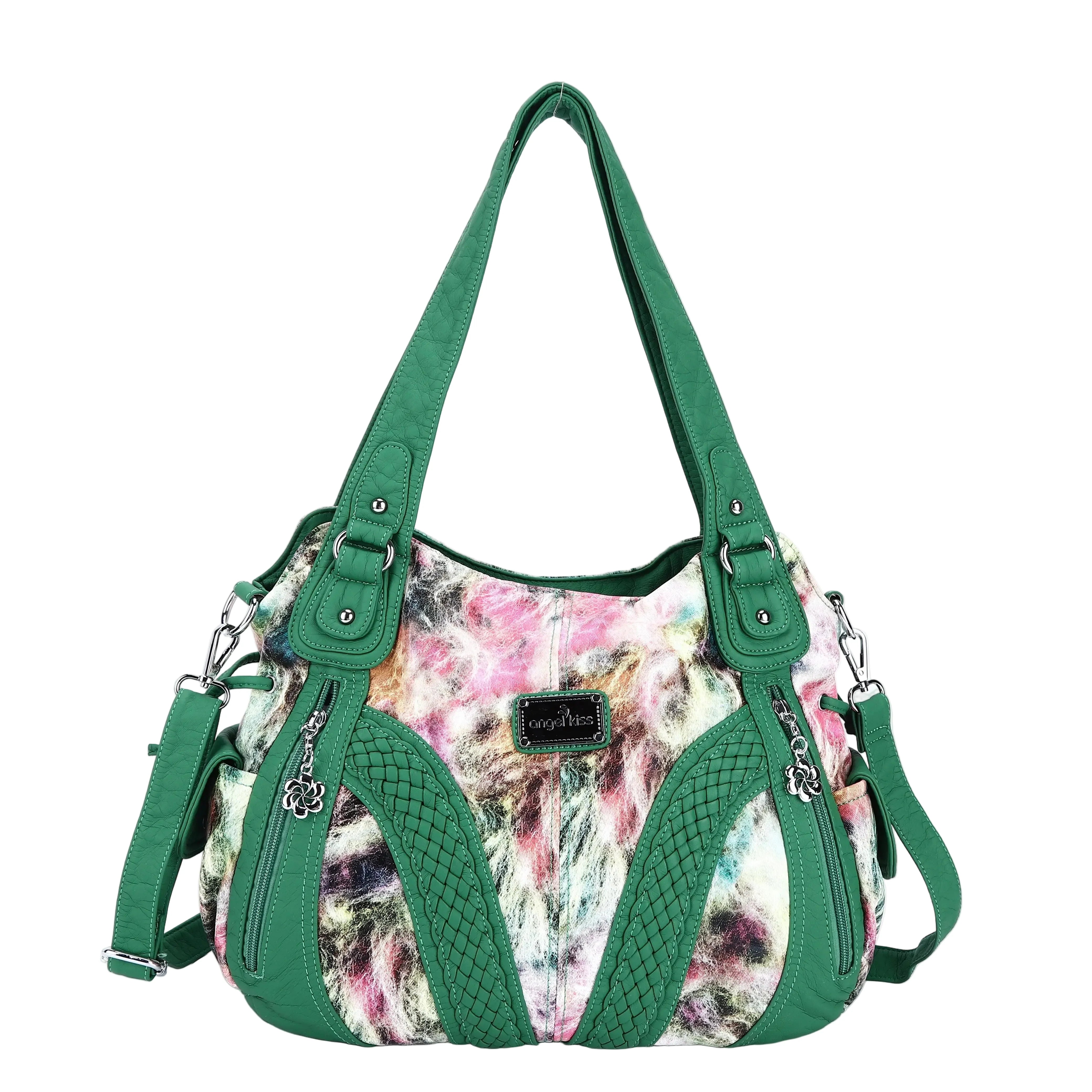 Washed Vegan Leather Braided Multi-Pocket Shoulder Bag