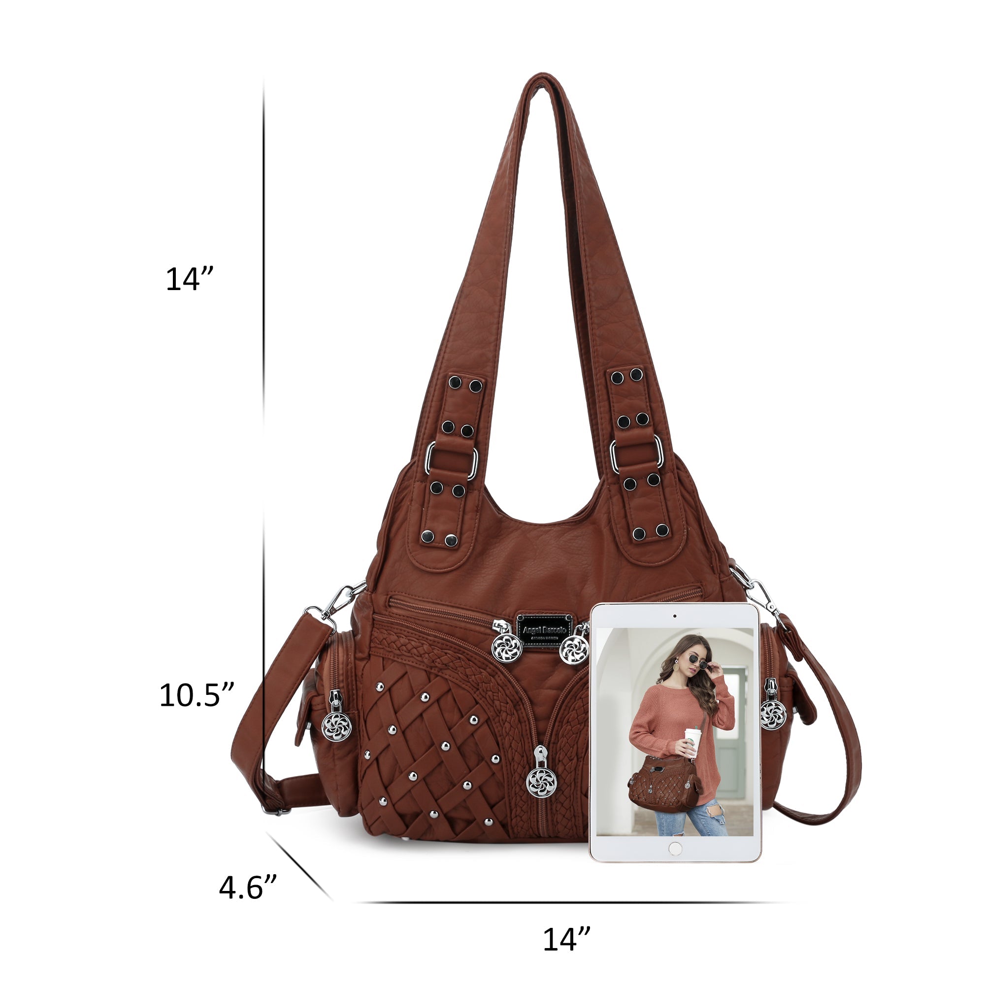 Women Large Capacity Hobo Handbag Washed PU Leather