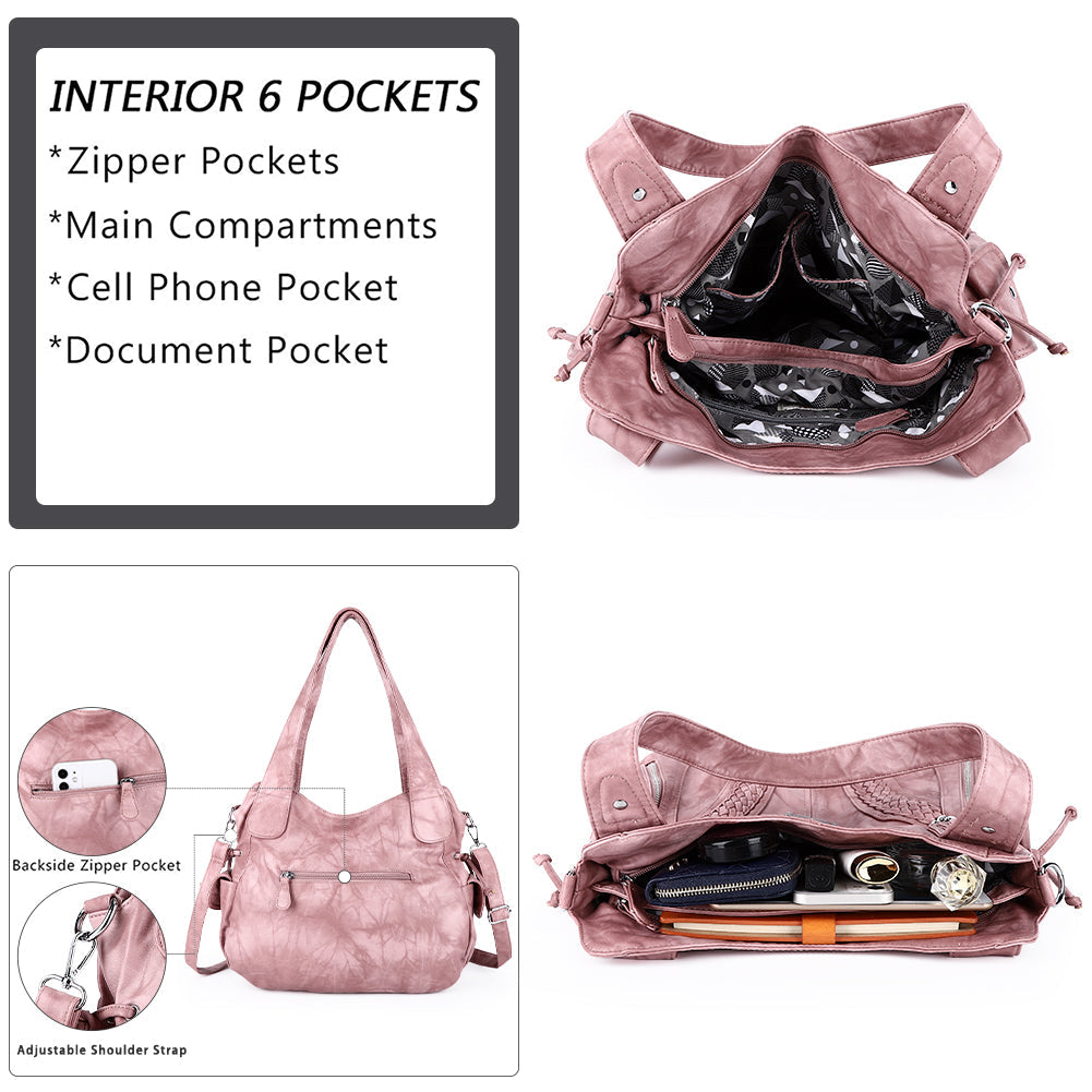 Washed Vegan Leather Multi-Pocket Shoulder Bag