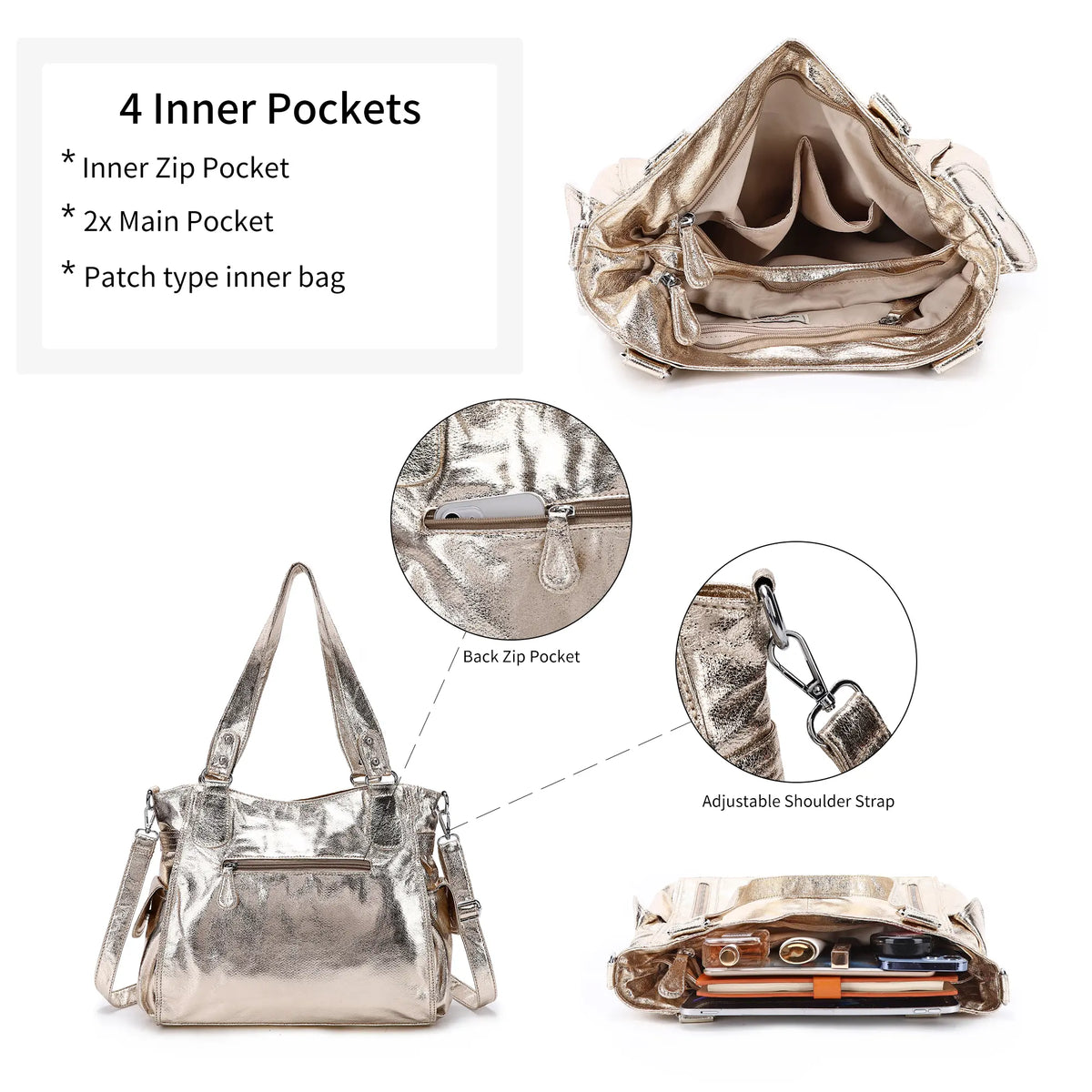 Multi-Zip Wide-Body Shoulder Bag with Adjustable Strap