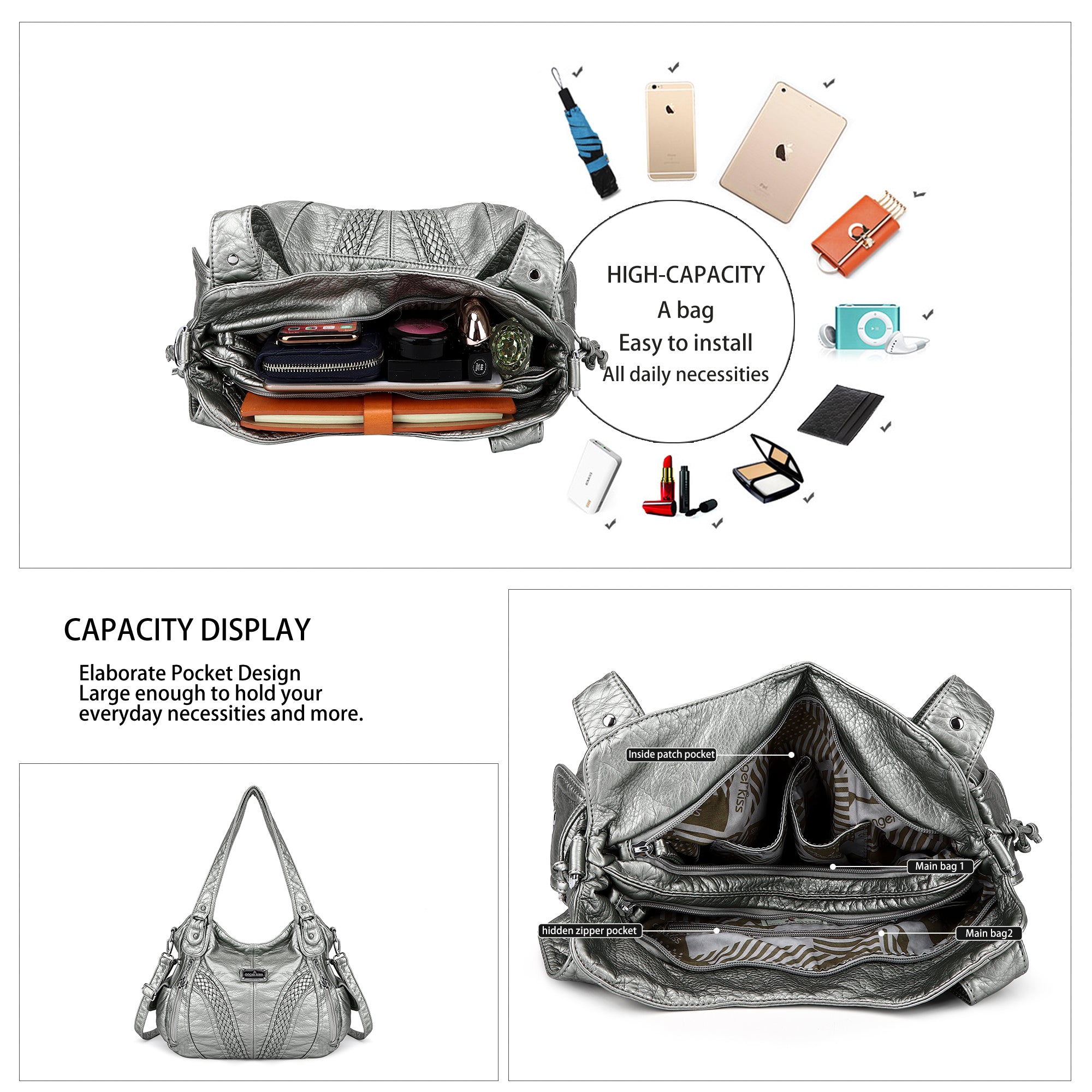 Washed Large Capacity Daily Women Waterproof Unique Hobo Handbag