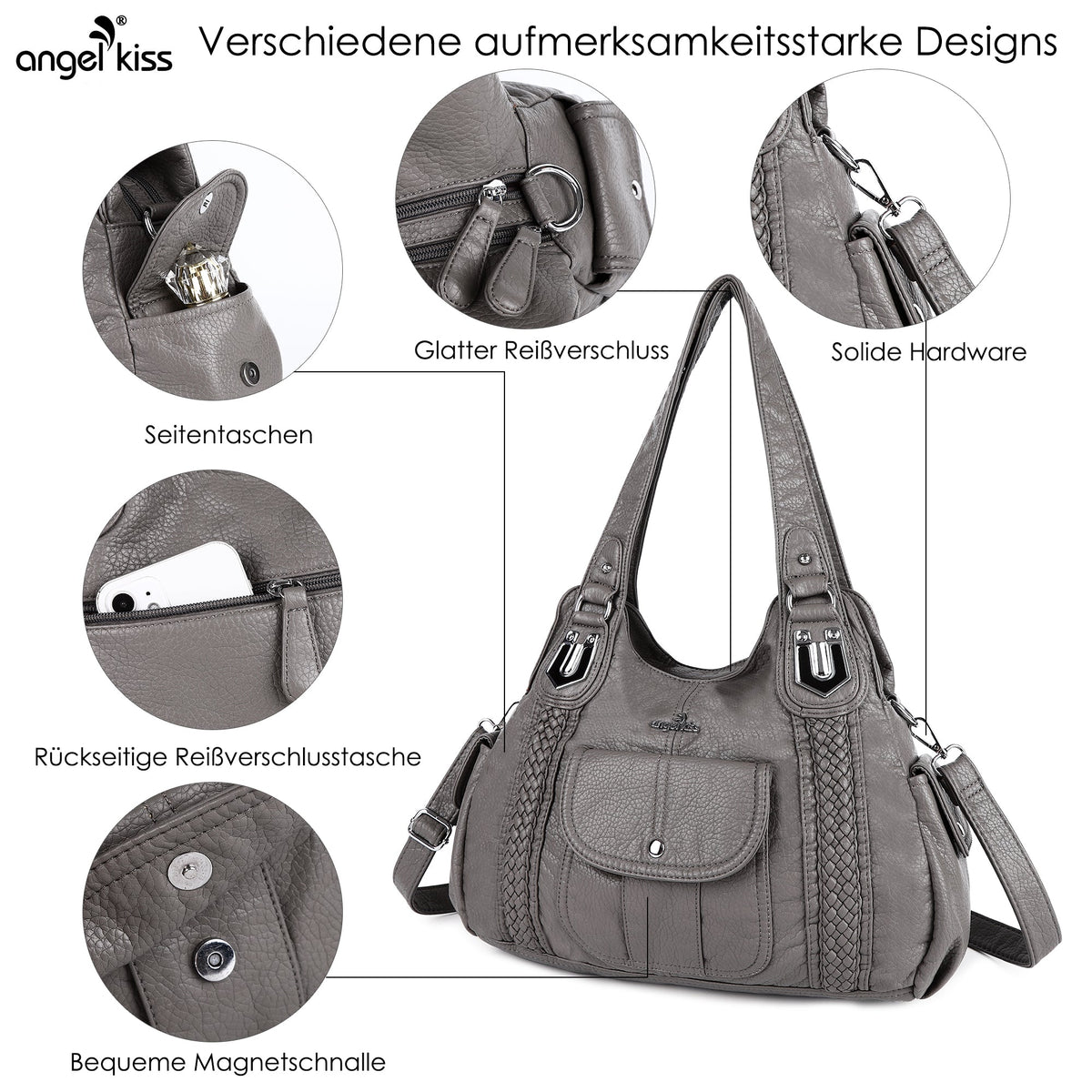 Woven Trim Washed Vegan Leather Hobo Bag