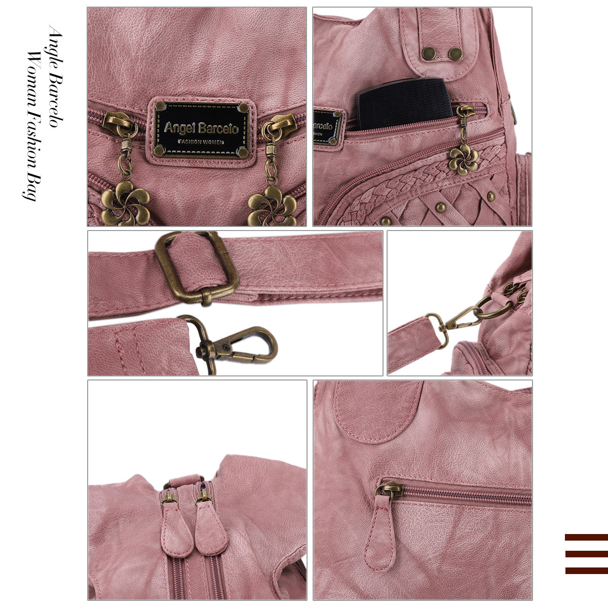 PU Studded Braided Multi-Pocket Hobo Bag