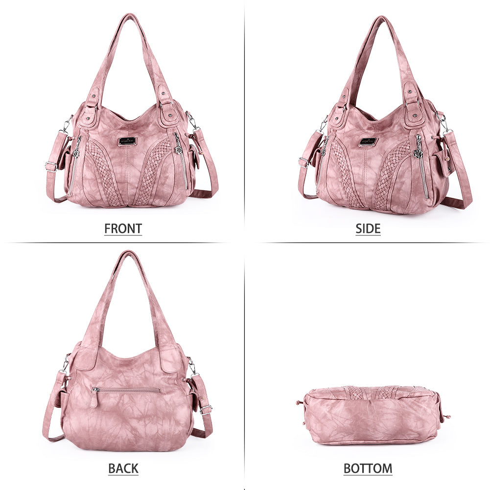 Washed Vegan Leather Multi-Pocket Shoulder Bag