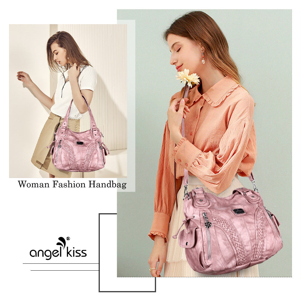 Washed Vegan Leather Multi-Pocket Shoulder Bag
