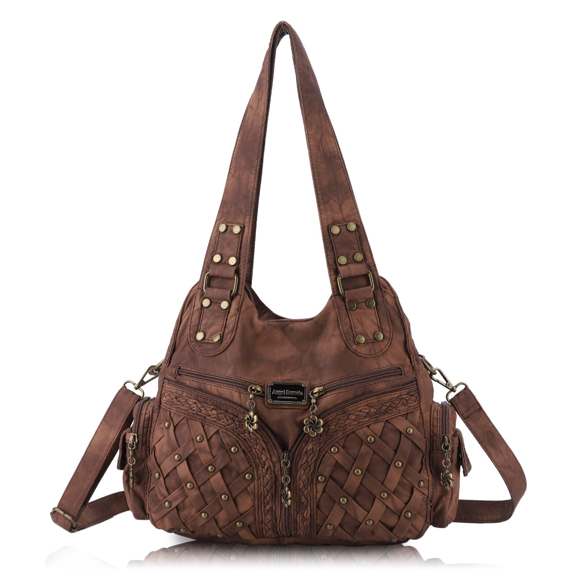 PU Studded Braided Multi-Pocket Hobo Bag