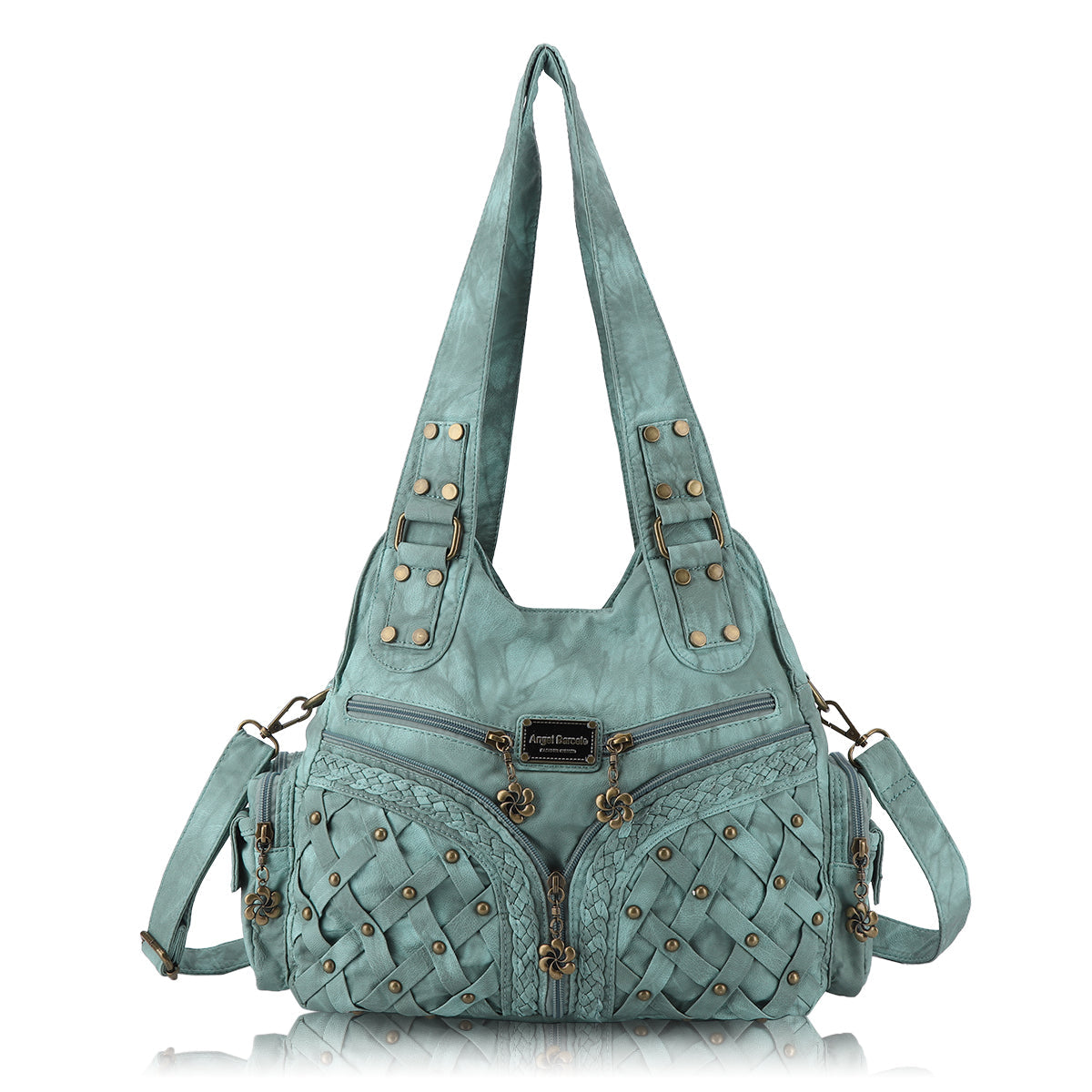 PU Studded Braided Multi-Pocket Hobo Bag