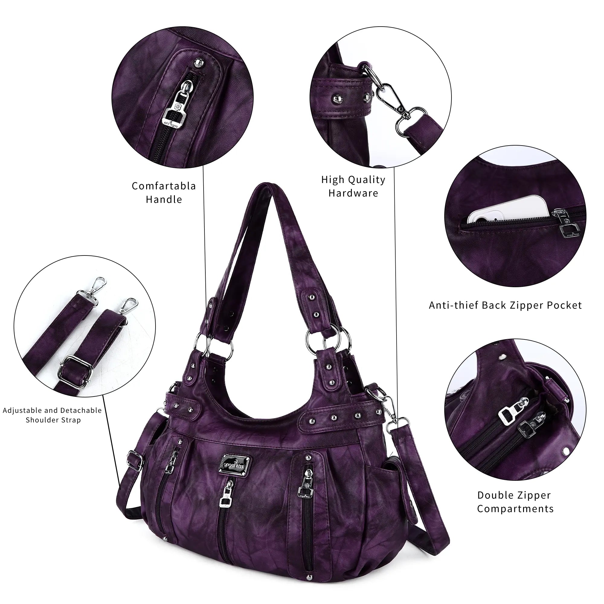 Washed Multi-Zip Hobo Shoulder Bag