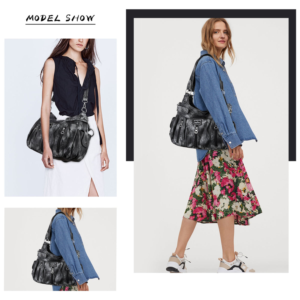 Washed Multi-Zip Hobo Shoulder Bag