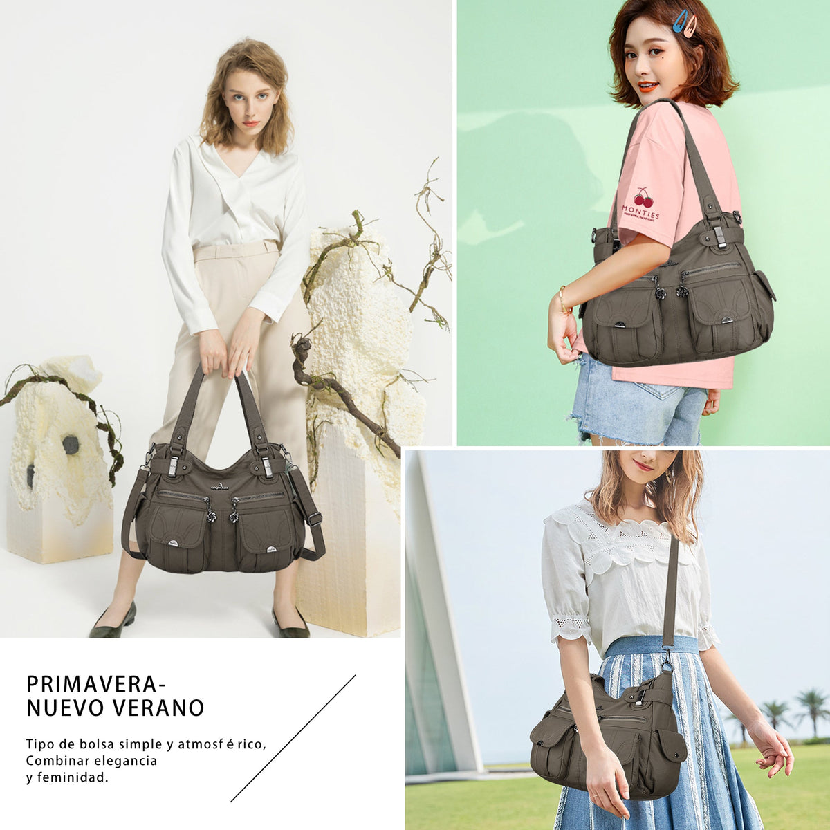 Textured Multi-Pocket Shoulder Bag