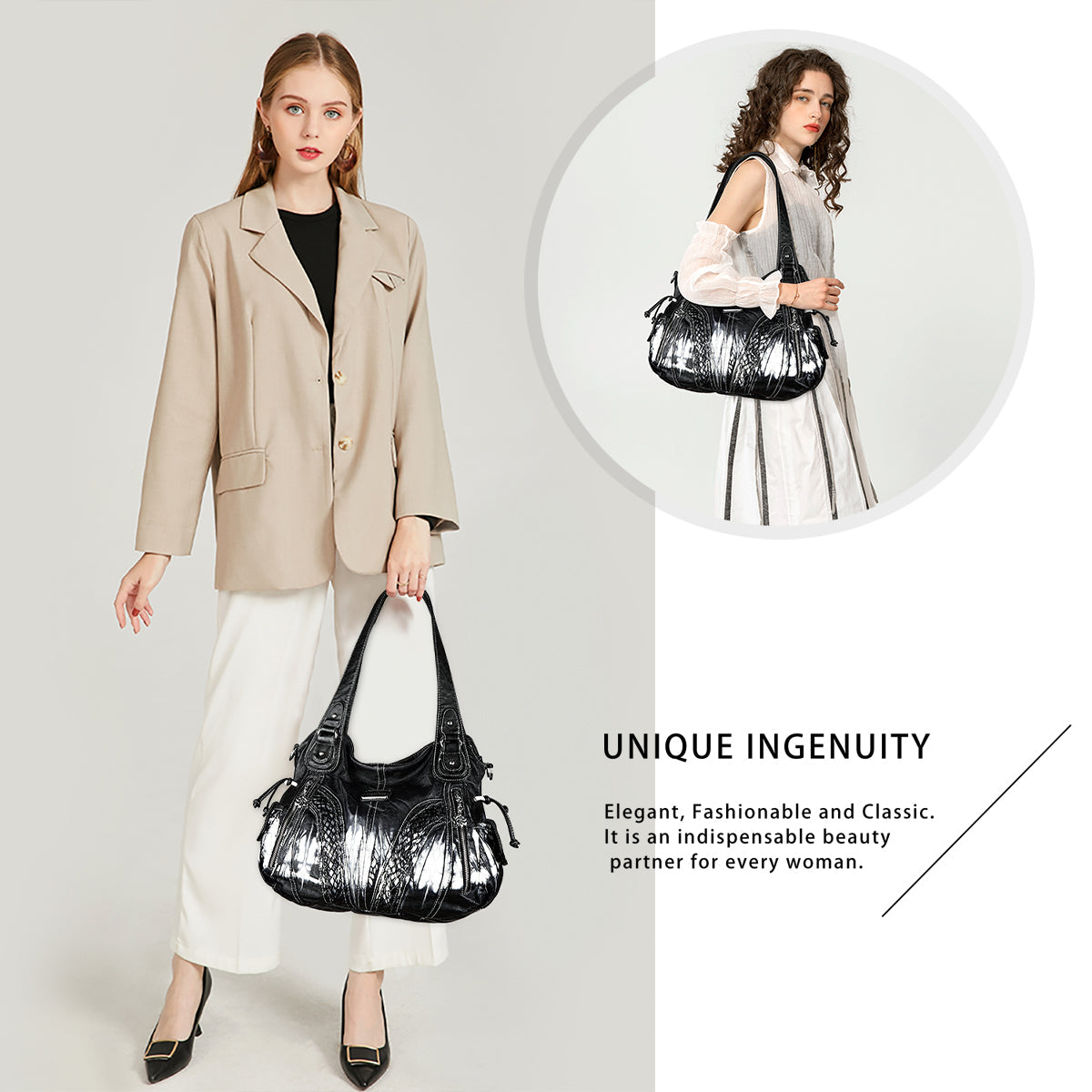Washed Vegan Leather Braided Multi-Pocket Shoulder Bag