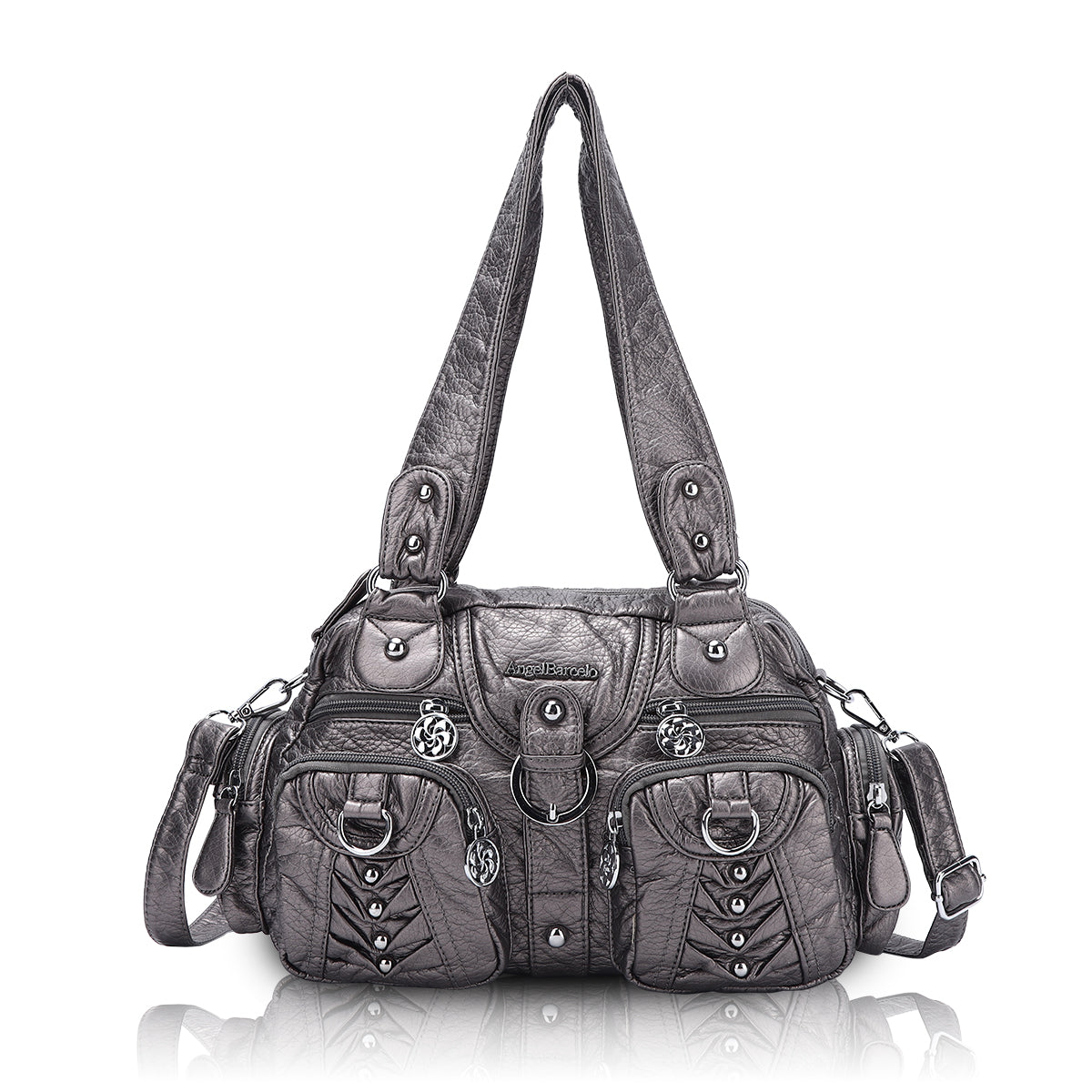 Studded Ring-Detail Multi-Pocket Shoulder Bag