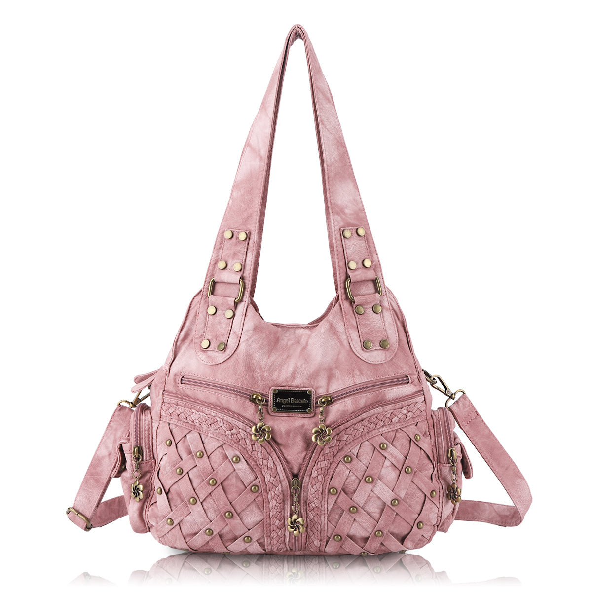 PU Studded Braided Multi-Pocket Hobo Bag