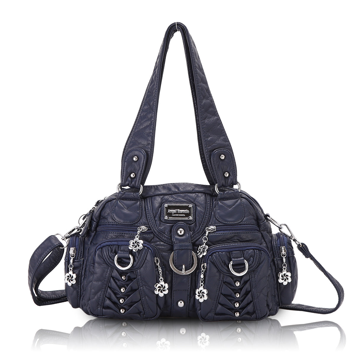 Studded Ring-Detail Multi-Pocket Shoulder Bag