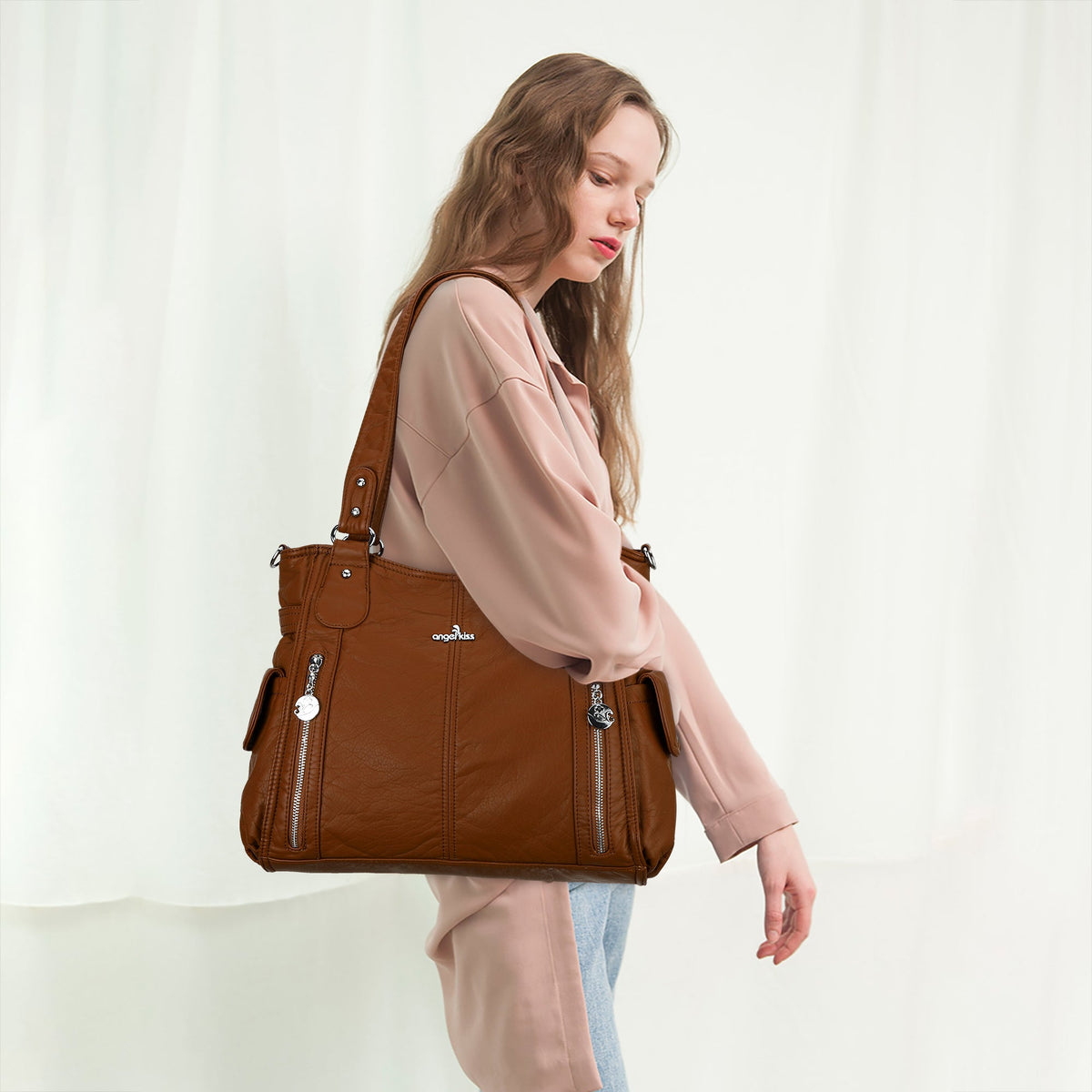 Large Multi-Pocket Shoulder Bag with Adjustable Strap