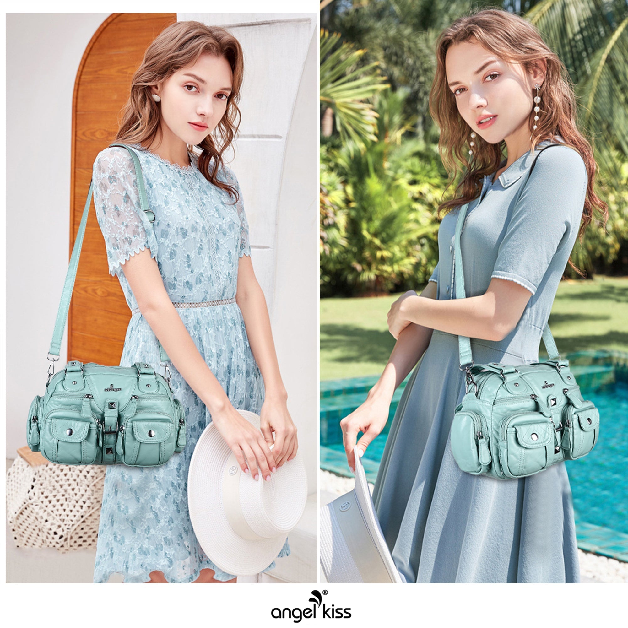 Studded Multi-Pocket Shoulder Bag with Buckle Accents