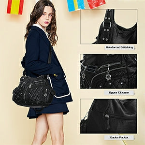 Women Large Capacity Hobo Handbag Washed PU Leather