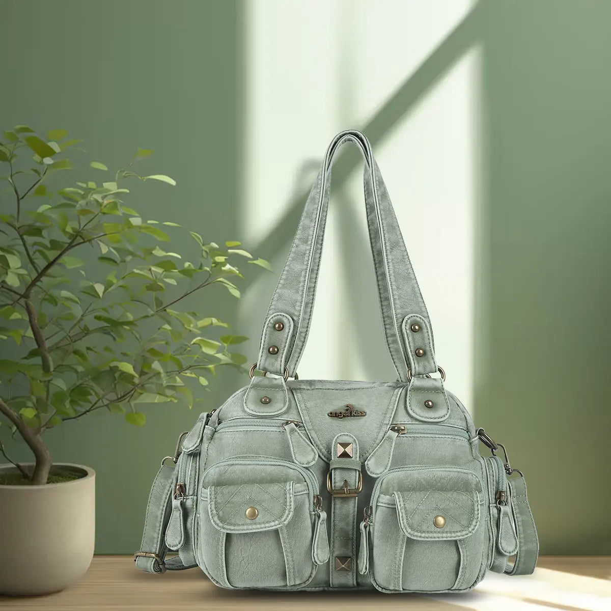 Layered Multi-Pocket Shoulder Bag with Buckle Details