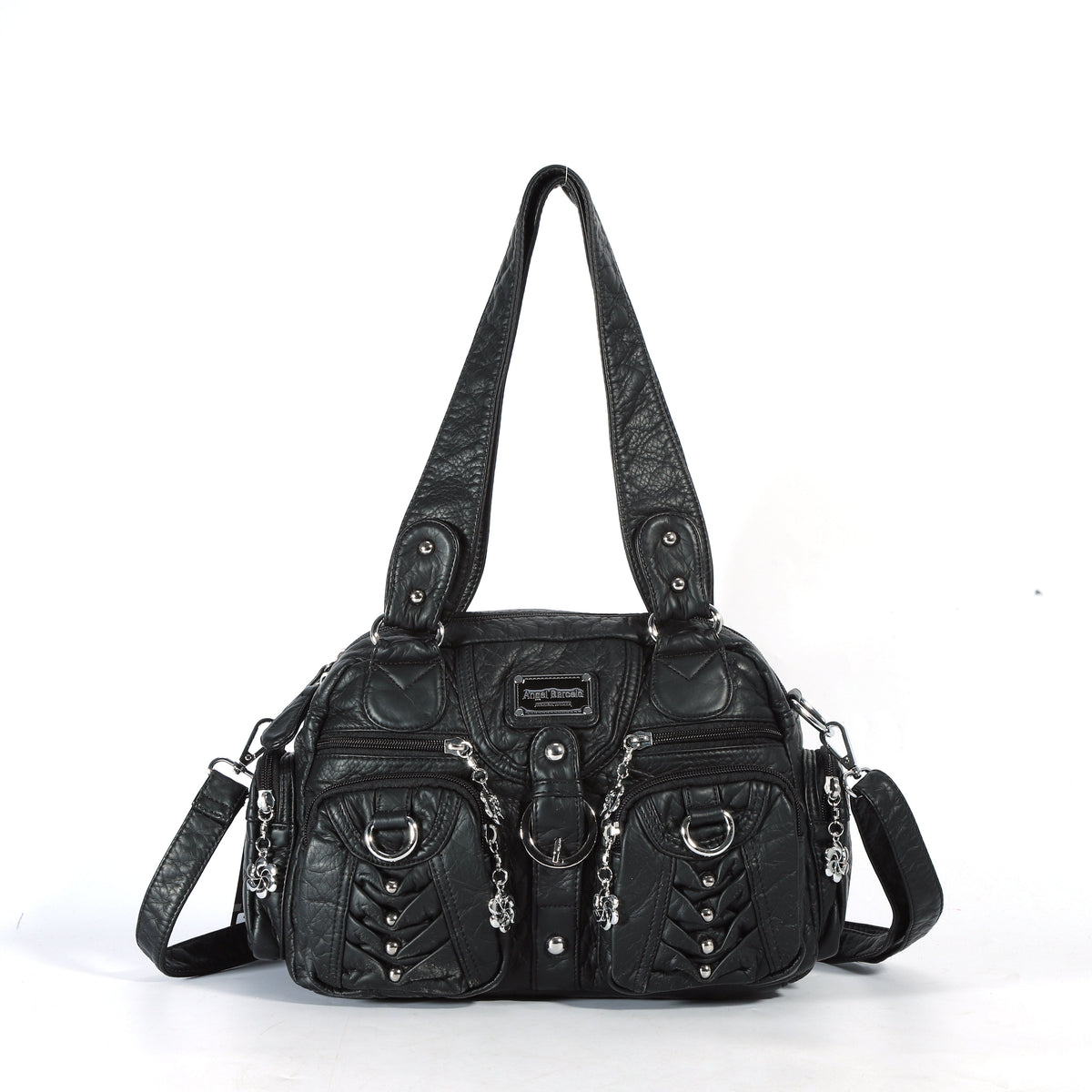 Studded Ring-Detail Multi-Pocket Shoulder Bag