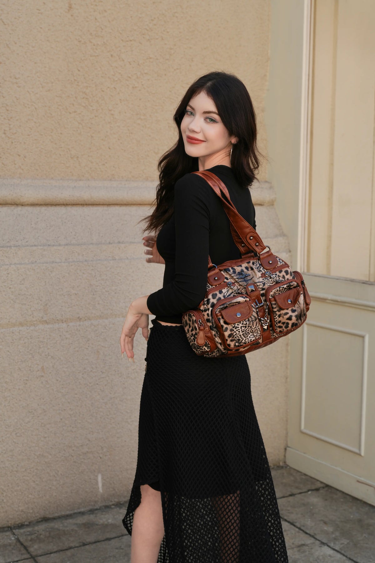 Studded Multi-Pocket Shoulder Bag with Buckle Accents