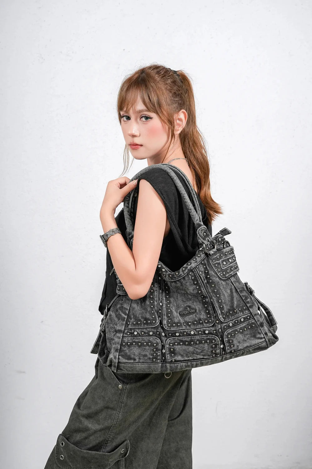 Large Washed Denim Studded Shoulder Crossbody Bag