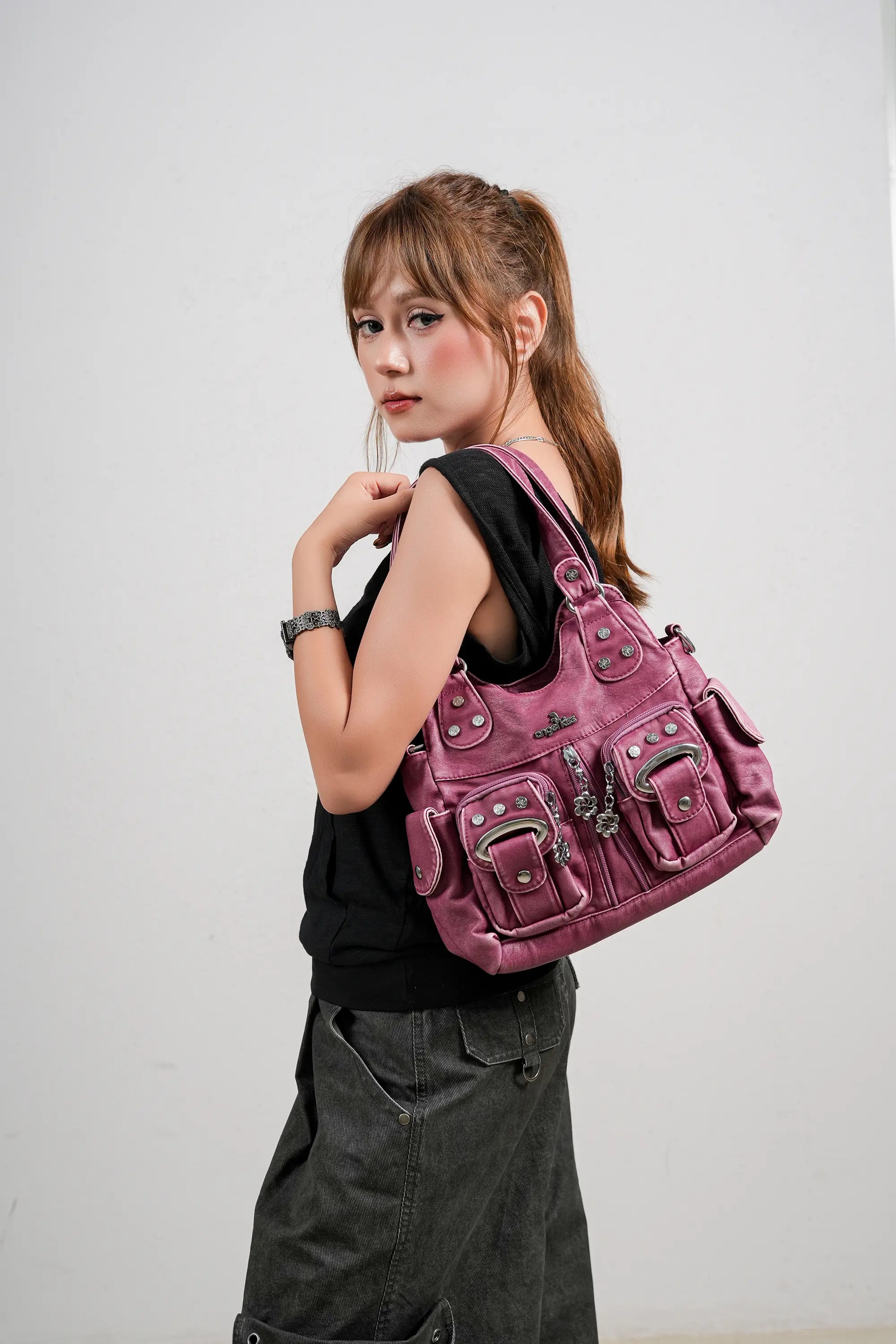 Vintage Multi-Pocket Shoulder Bag - Washed Texture with Studs & Charms