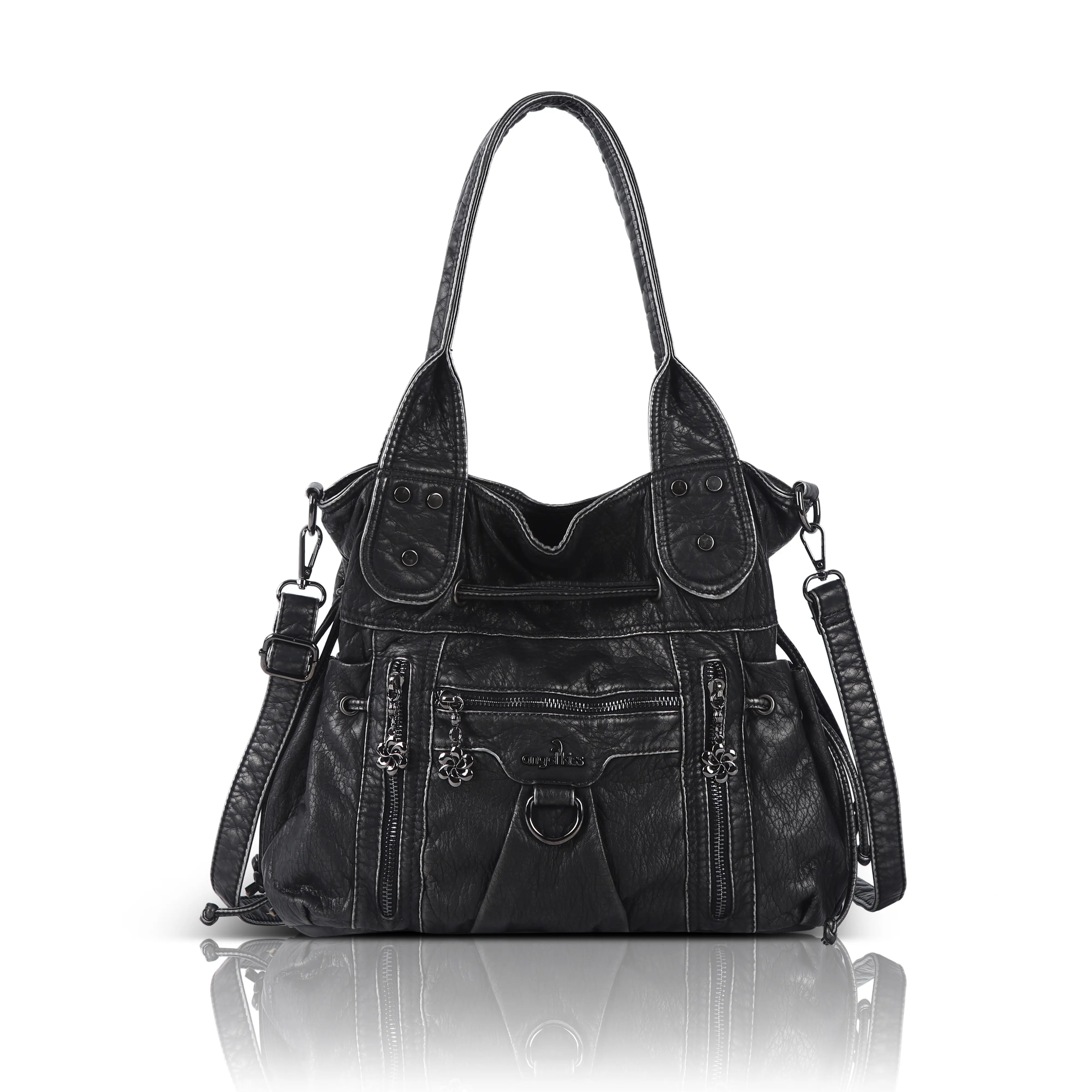 Slouchy Vegan Leather Multi-Pocket Tote Bag, Shoulder & Crossbody