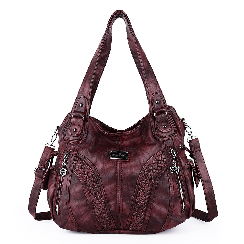 Washed Vegan Leather Multi-Pocket Shoulder Bag