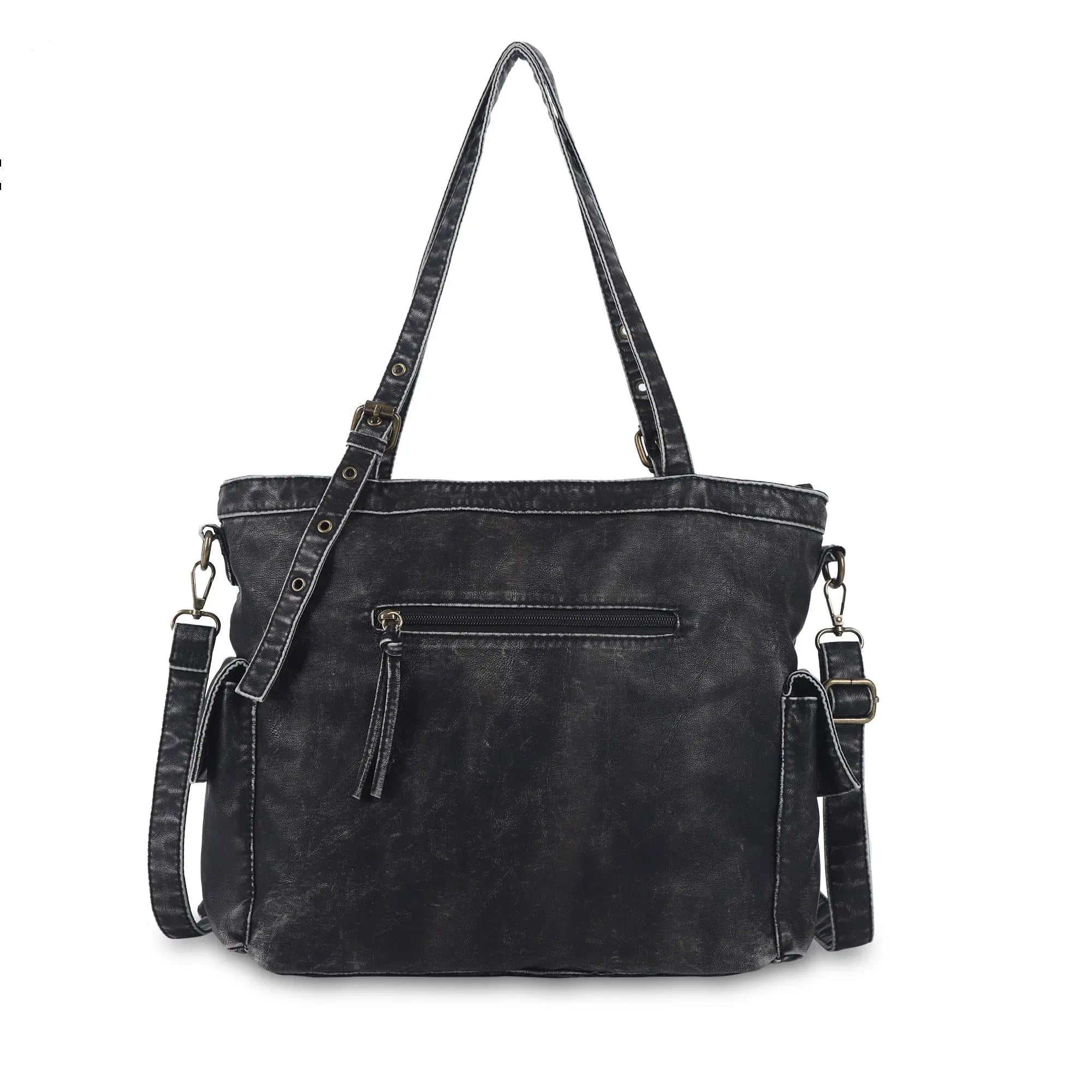 Washed Black Multi-Pocket Tote Shoulder Bag